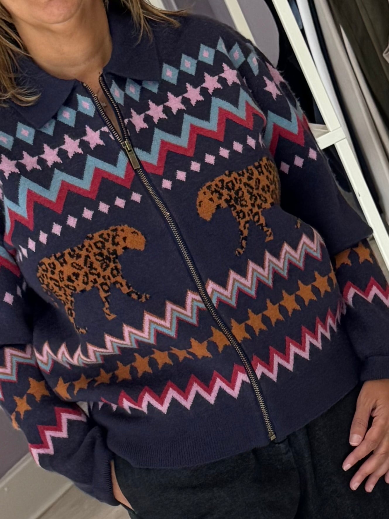 Sugarhill Brighton Katlin Knitted Bomber - Navy Leopard