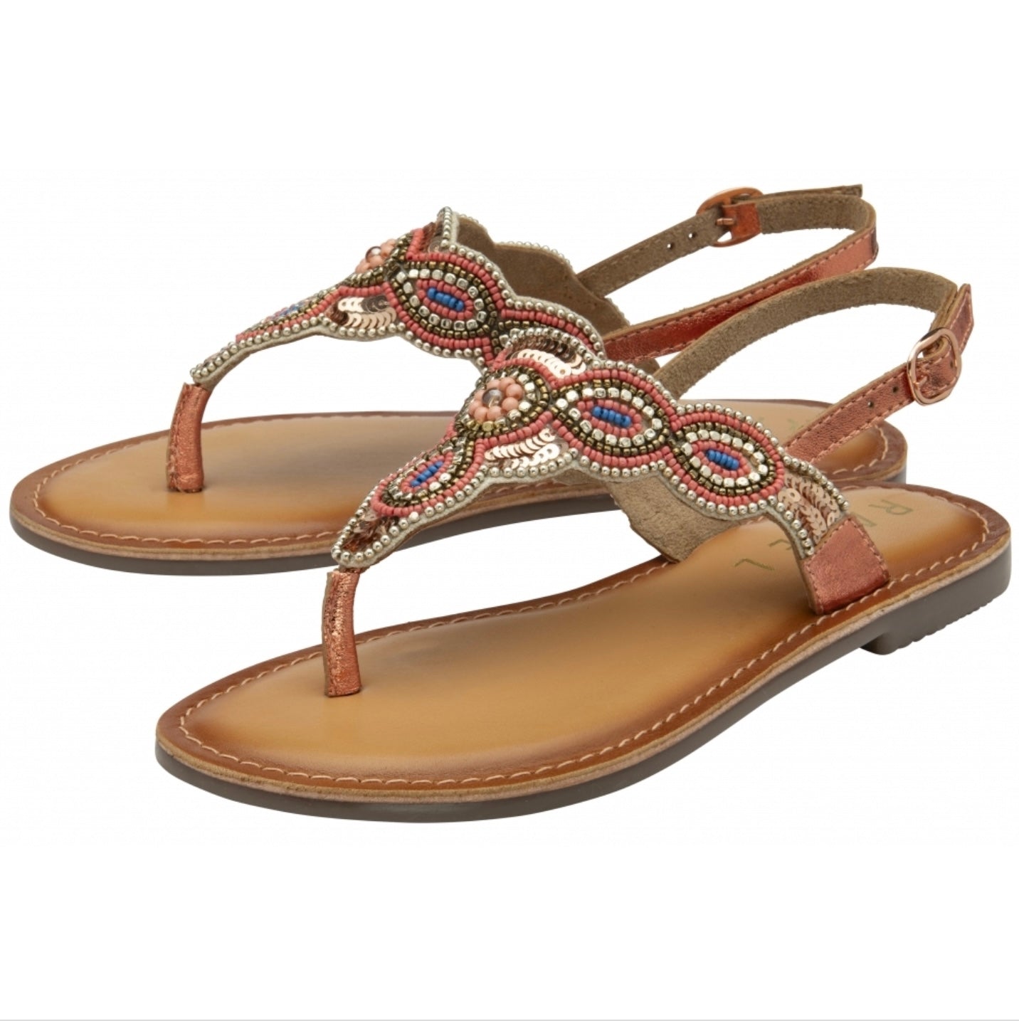 Ravel Copper Foil & Embroidery Leather Batlow Flat Toe-Post Sandals