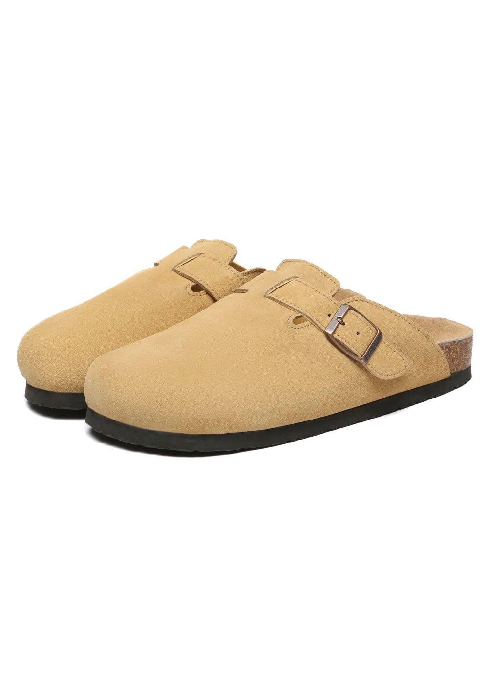 Pair of tan suede clogs with a buckle on