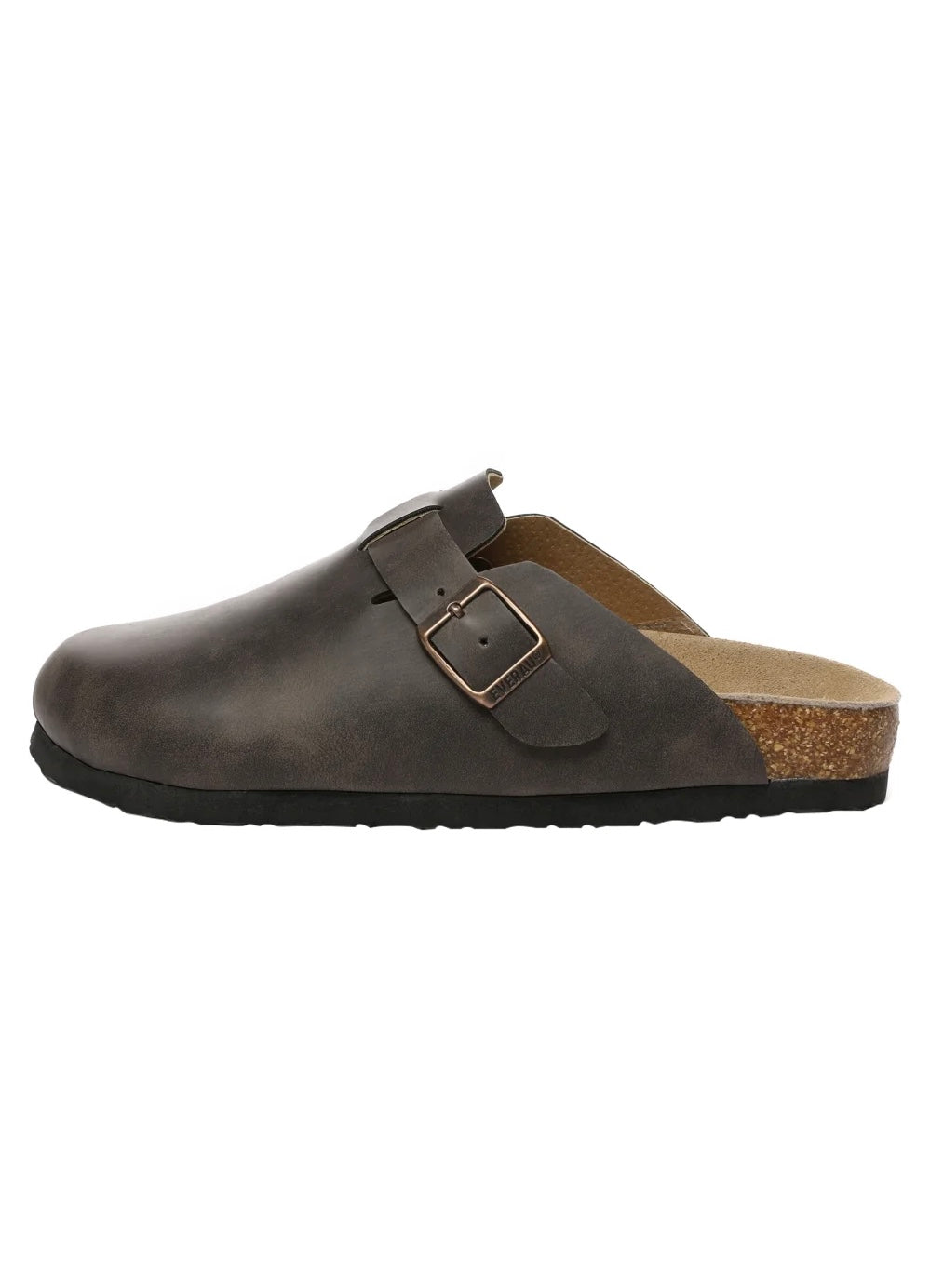 Brown leather clog shoe with cork sole on a white background