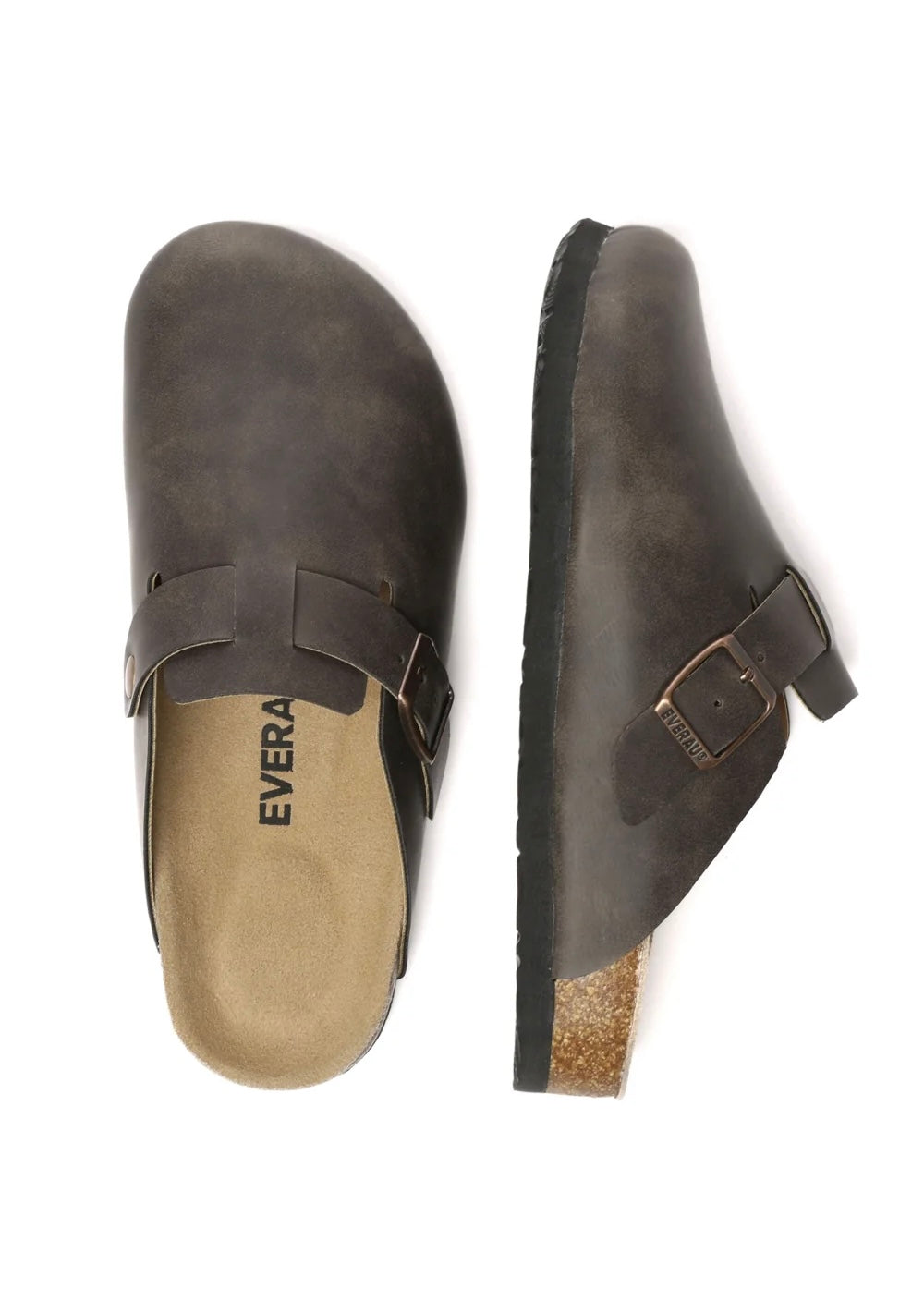 Pair of brown leather clogs with a buckle on a white background