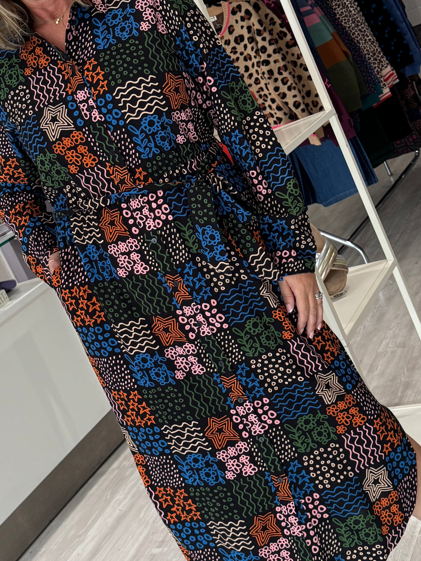 Sugarhill BrightonBetty Midi Shirt Dress - Blacl/Multi, Doodle Checkerboard