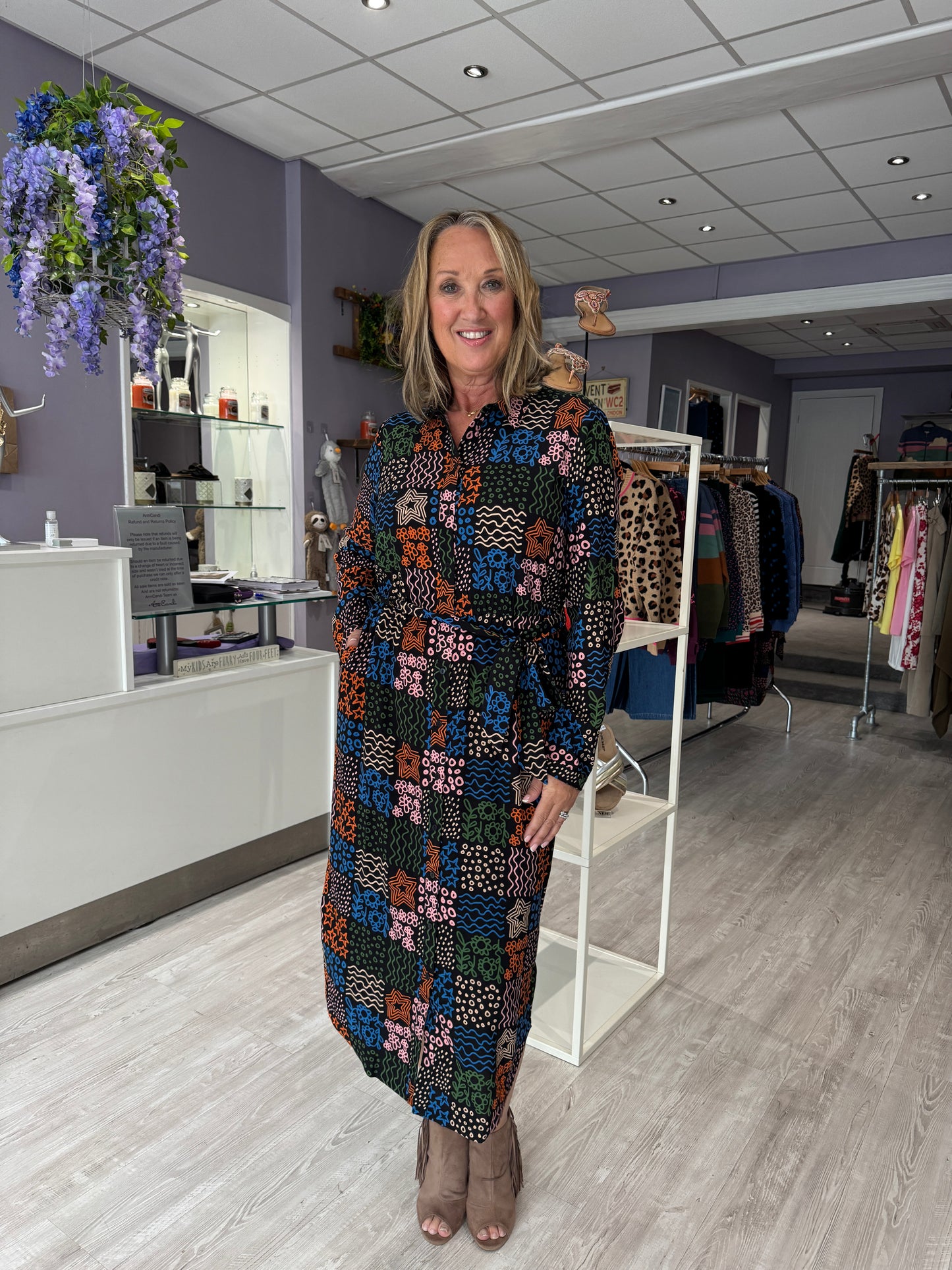Sugarhill BrightonBetty Midi Shirt Dress - Blacl/Multi, Doodle Checkerboard