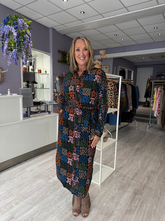 Sugarhill Brighton Betty Midi Shirt Dress - Blacl/Multi, Doodle Checkerboard