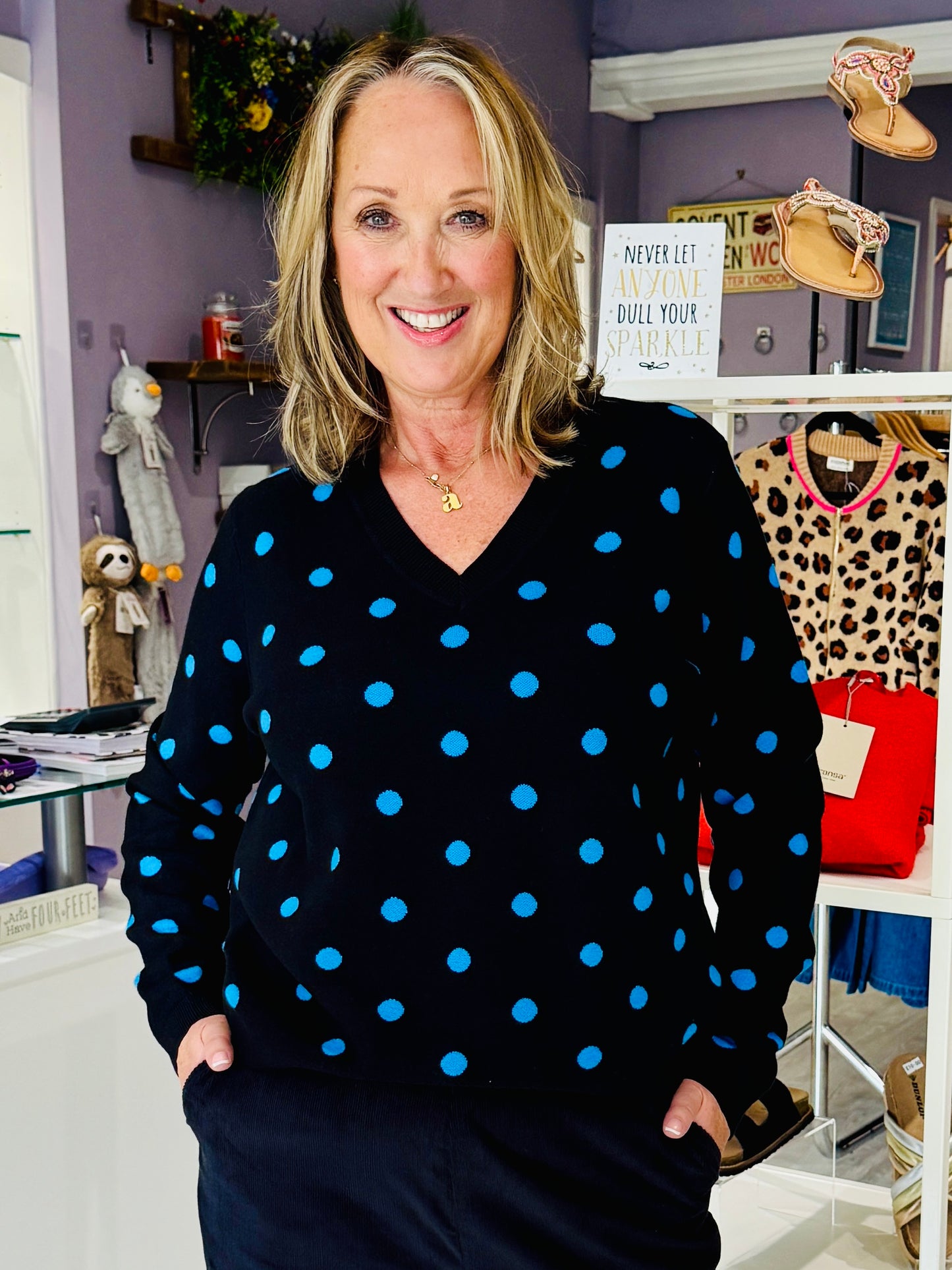 Sugarhill Brighton Samira V-Neck Jumper - Black, Blue Polka