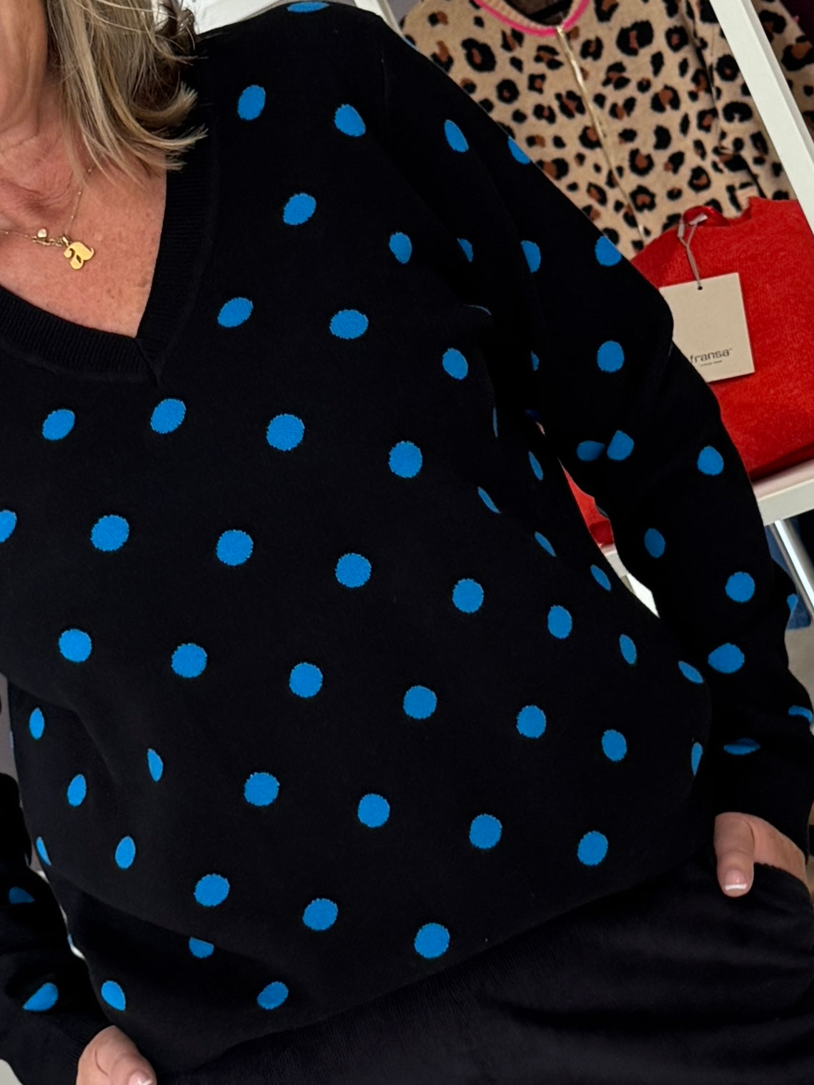 Sugarhill Brighton Samira V-Neck Jumper - Black, Blue Polka