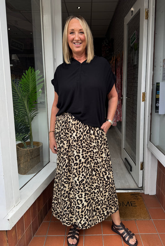 Fransa Ease Skirt 2 - Brown Leopard Art
