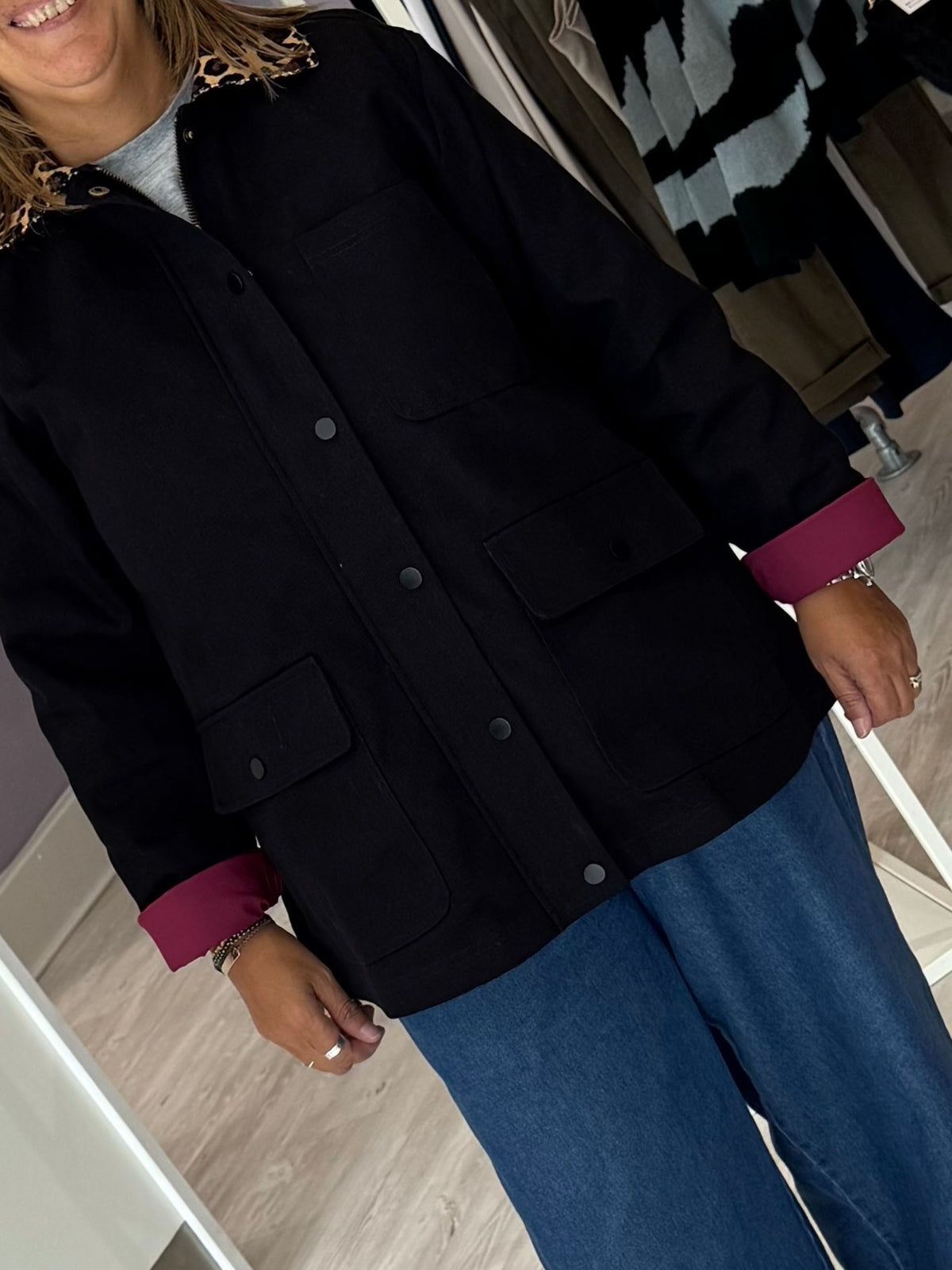 Sugarhill Brighton Raye Barn Jacket - Black/Leopard Collar