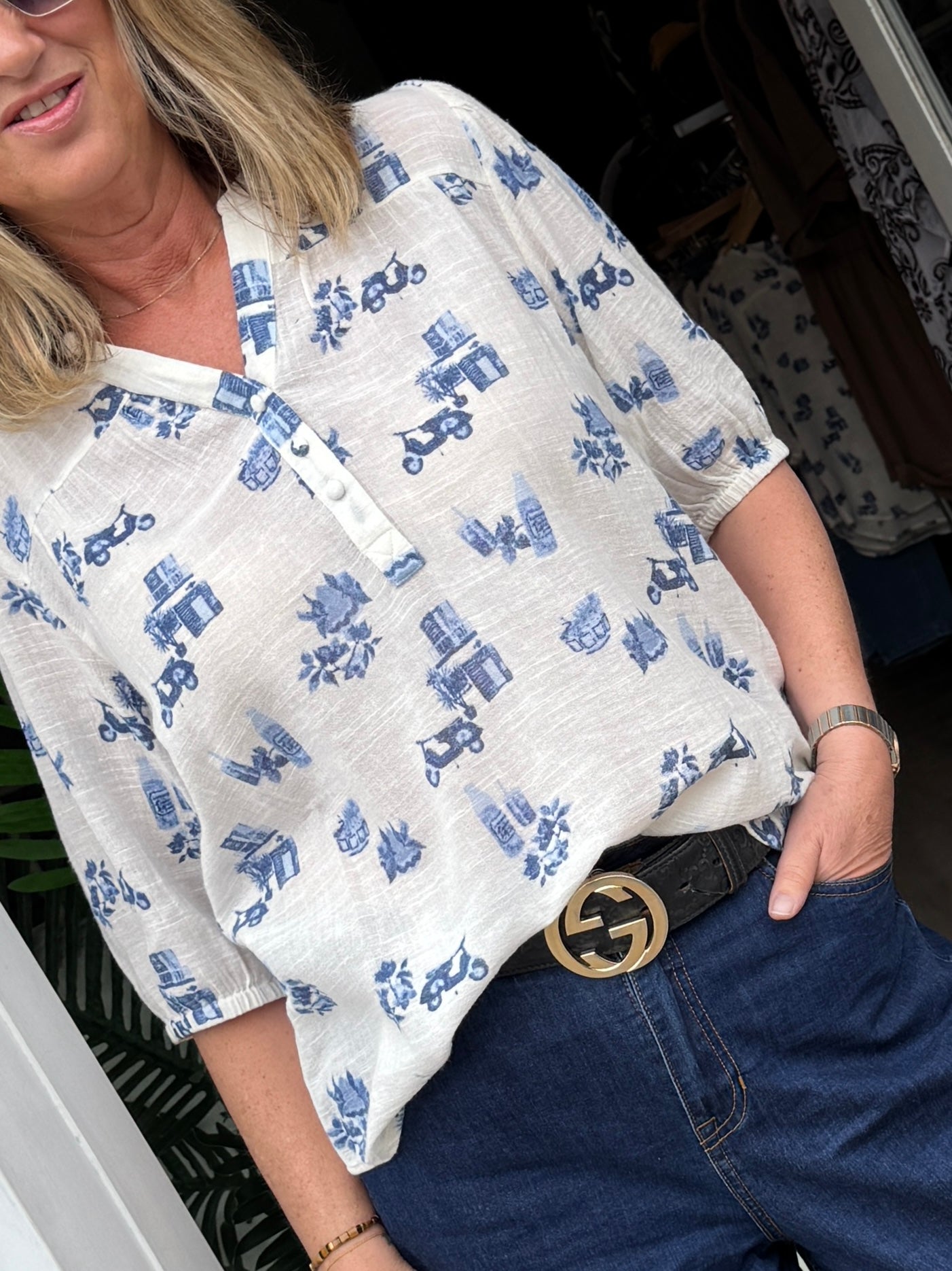 Fransa Bobbi Blouse 1 - White with Blue