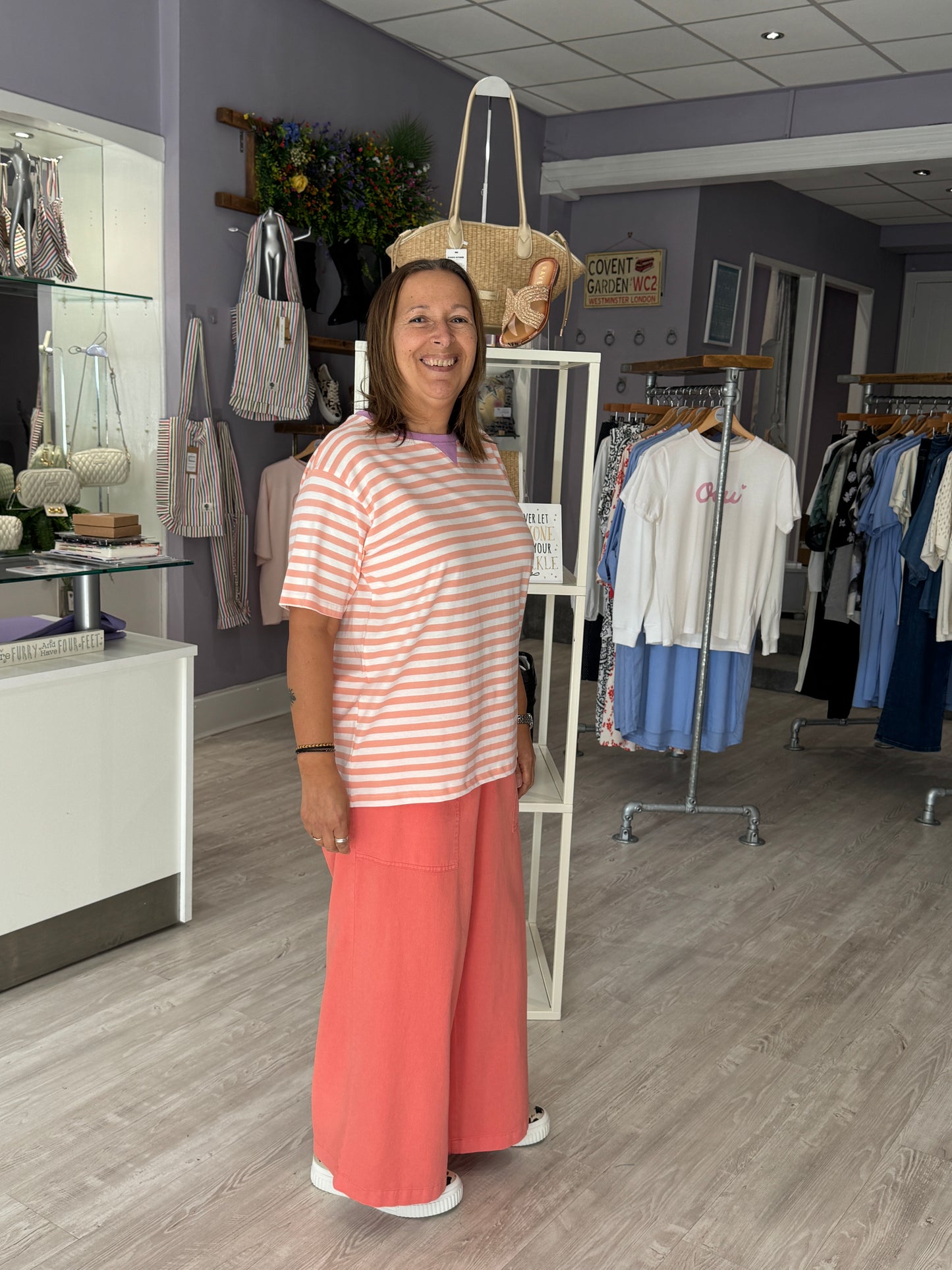 Sugarhill Brighton Riley Relaxed T-Shirt - Off White/Peach, Stripe