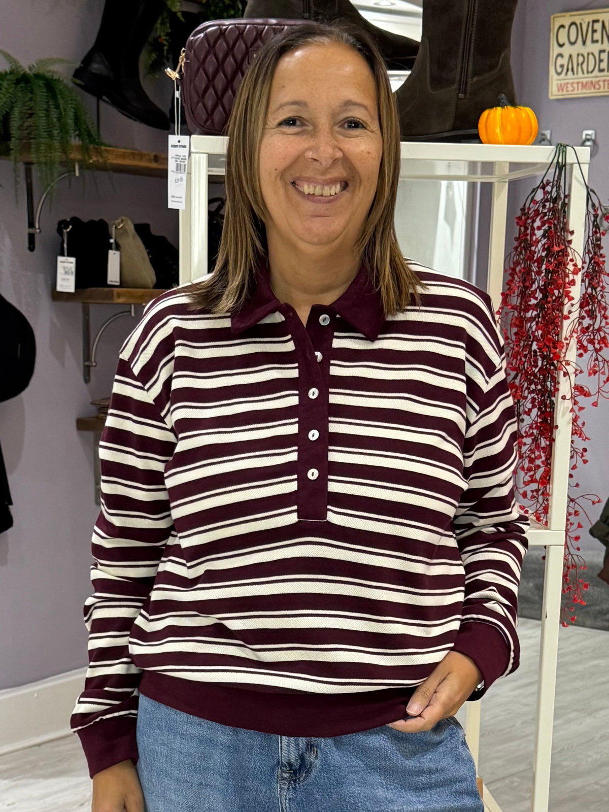 Saint Tropez Majorie T-Shirt - Port Royal with White Stripe/Brown