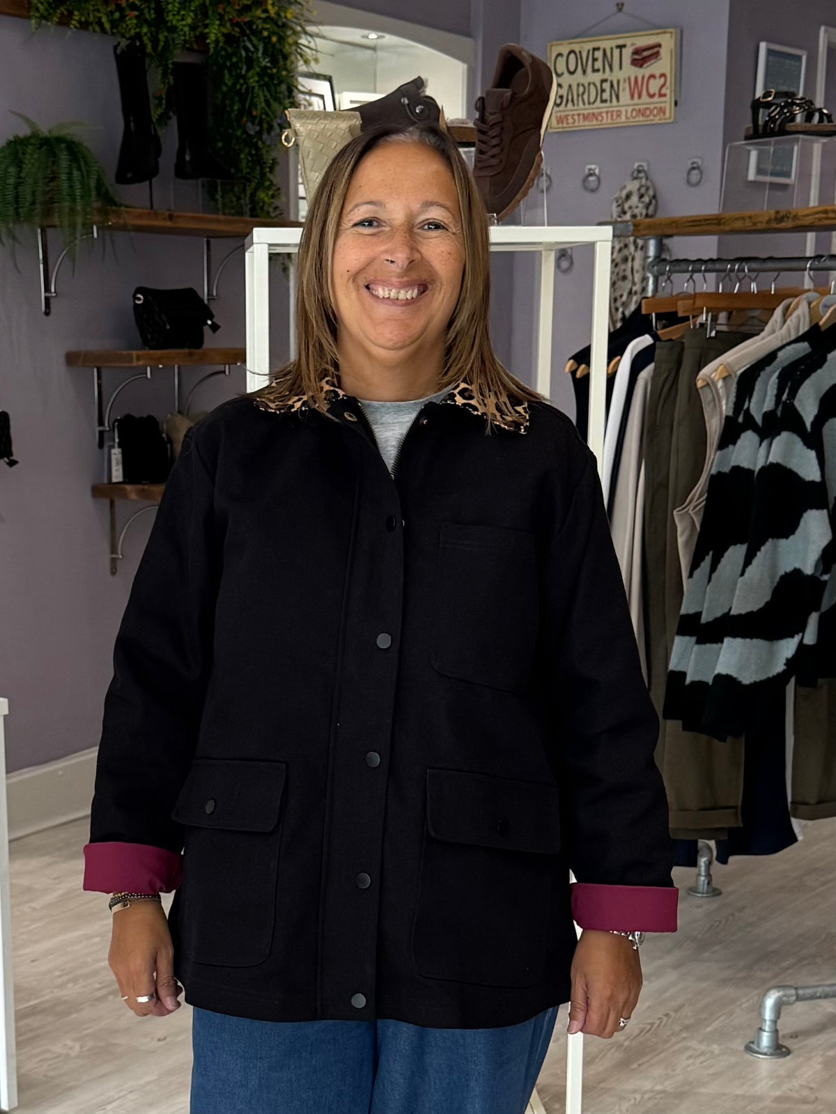 Sugarhill Brighton Raye Barn Jacket - Black/Leopard Collar