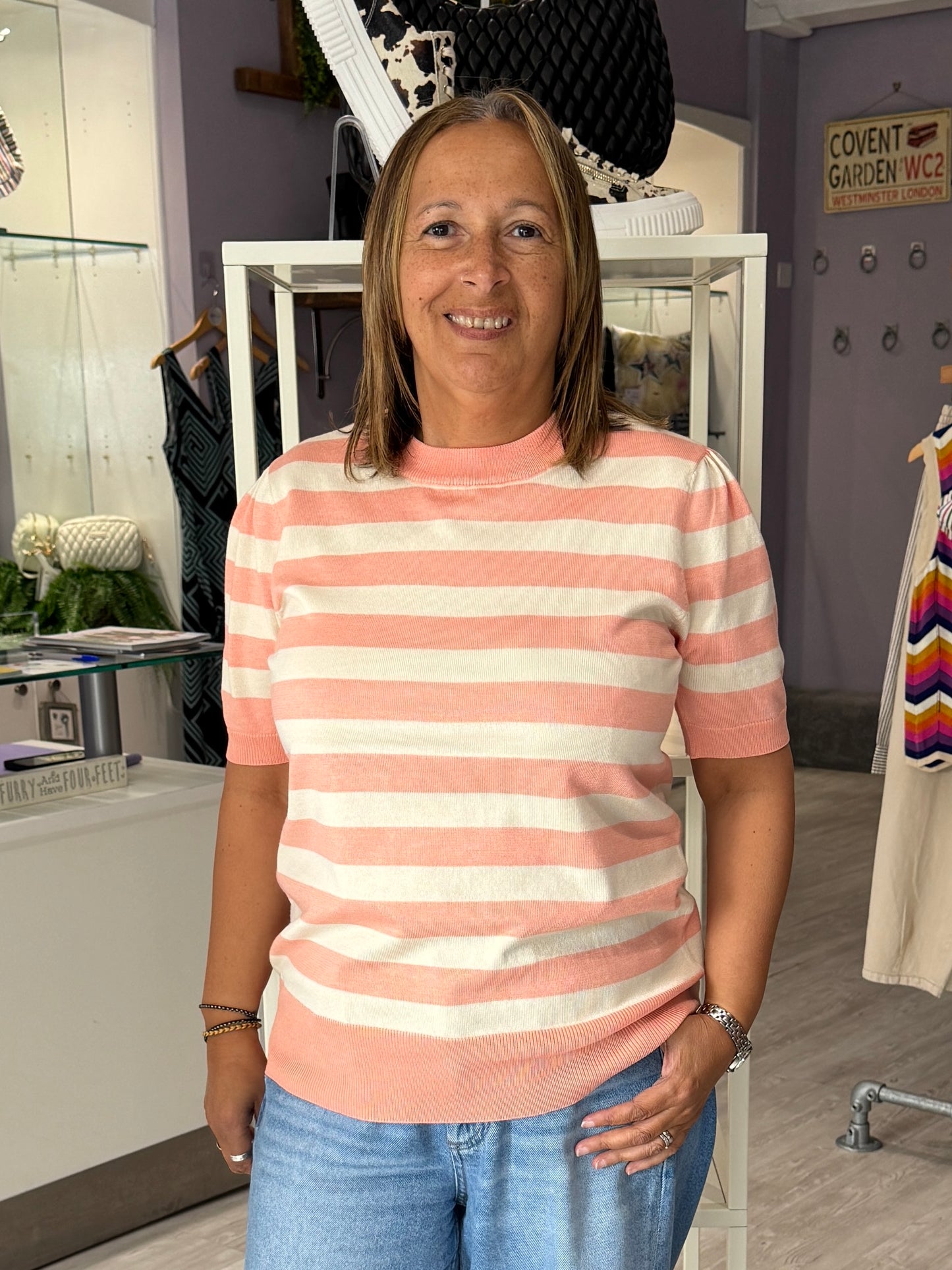 Saint Tropez Mila Jumper - Blooming Ivory Block Stripe / Pink