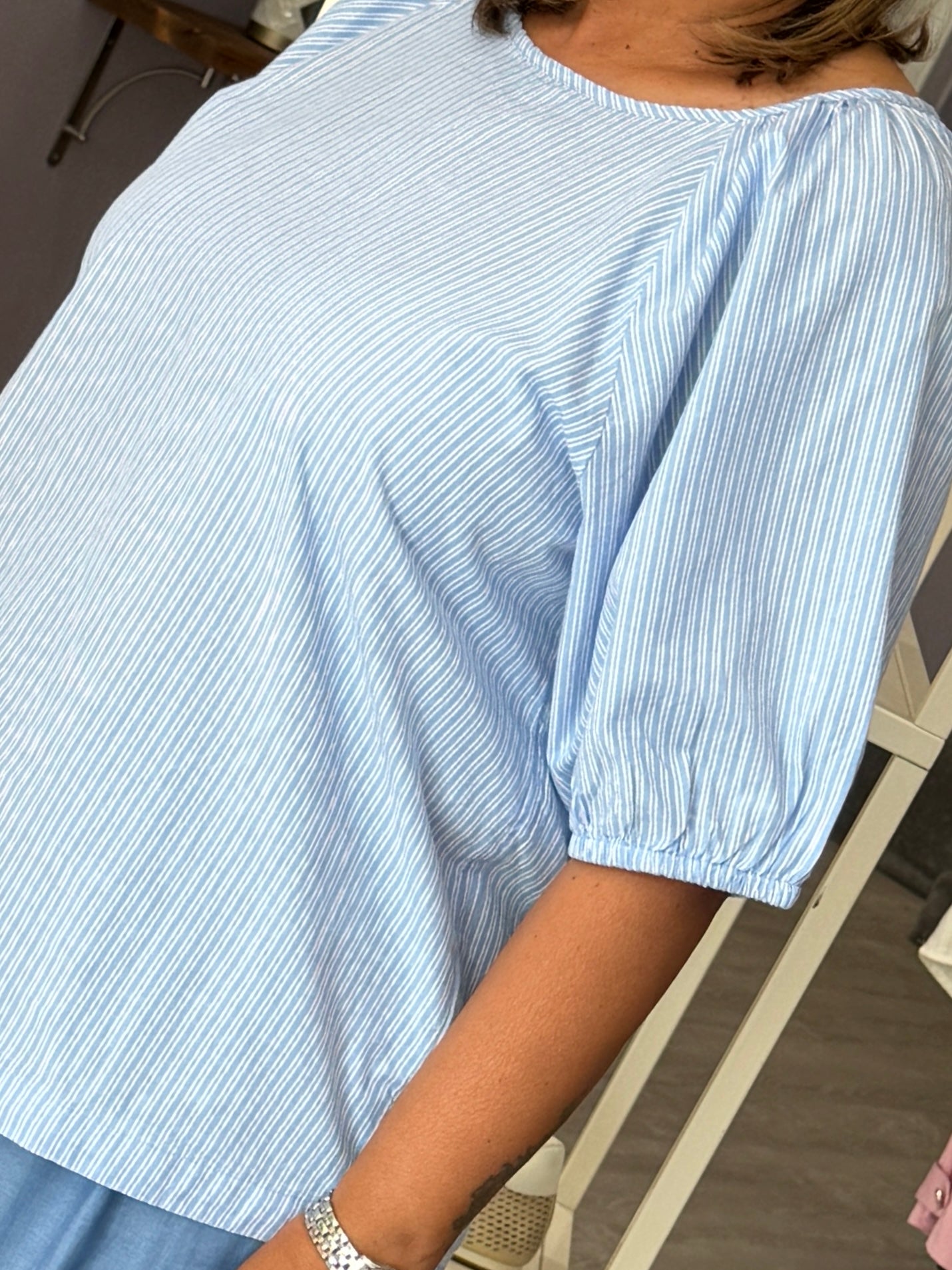 Saint Tropez Josefia Short Sleeve Blouse -  Airy Blue Ice Stripe