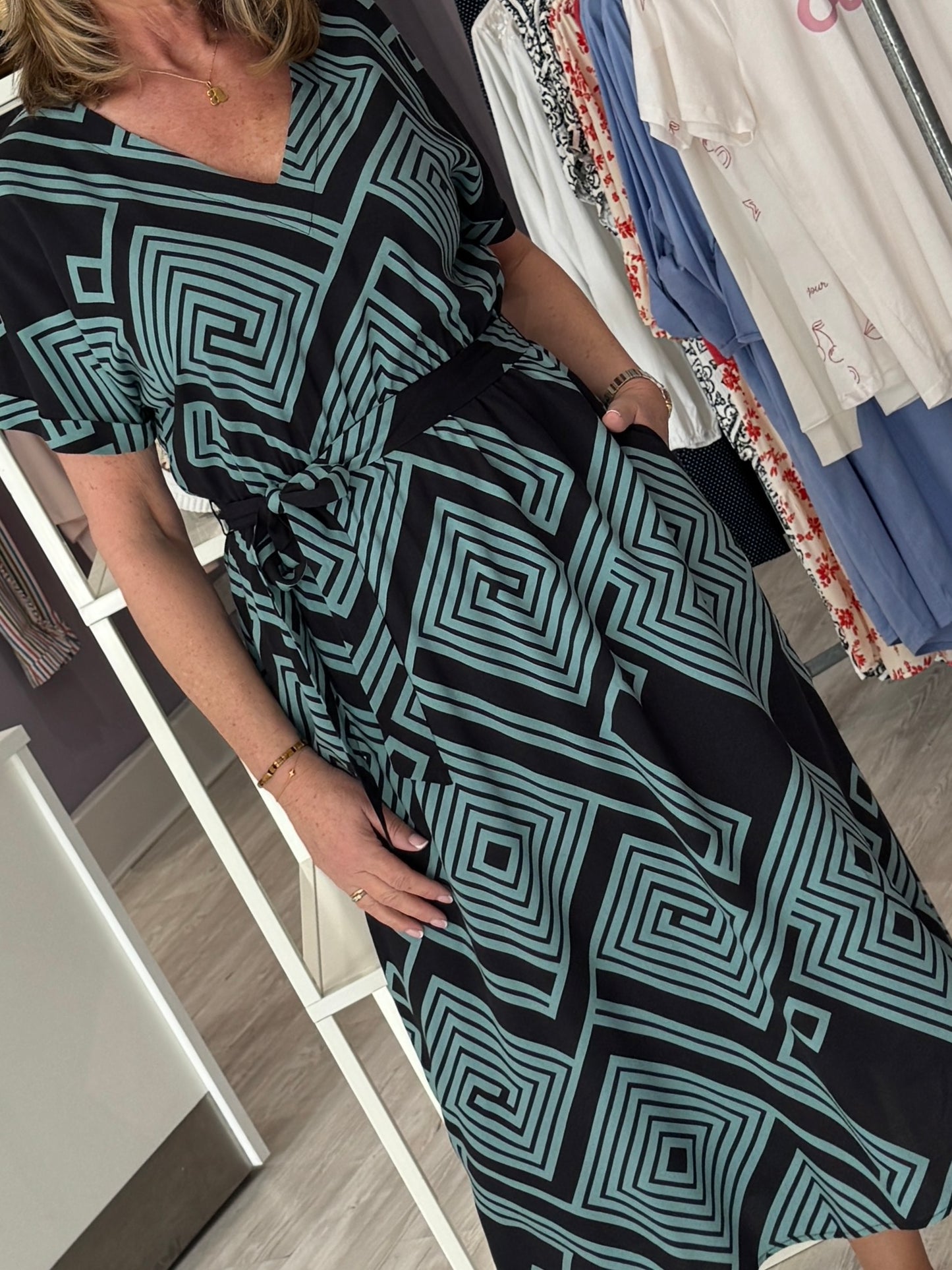 Sugarhill Brighton Bethan Midi Dress - Black/Green, Geometric Lines