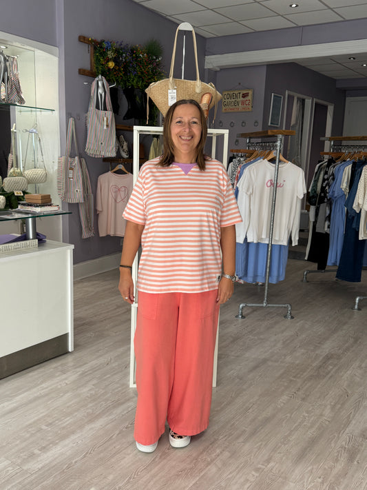 Sugarhill Brighton Riley Relaxed T-Shirt - Off White/Peach, Stripe