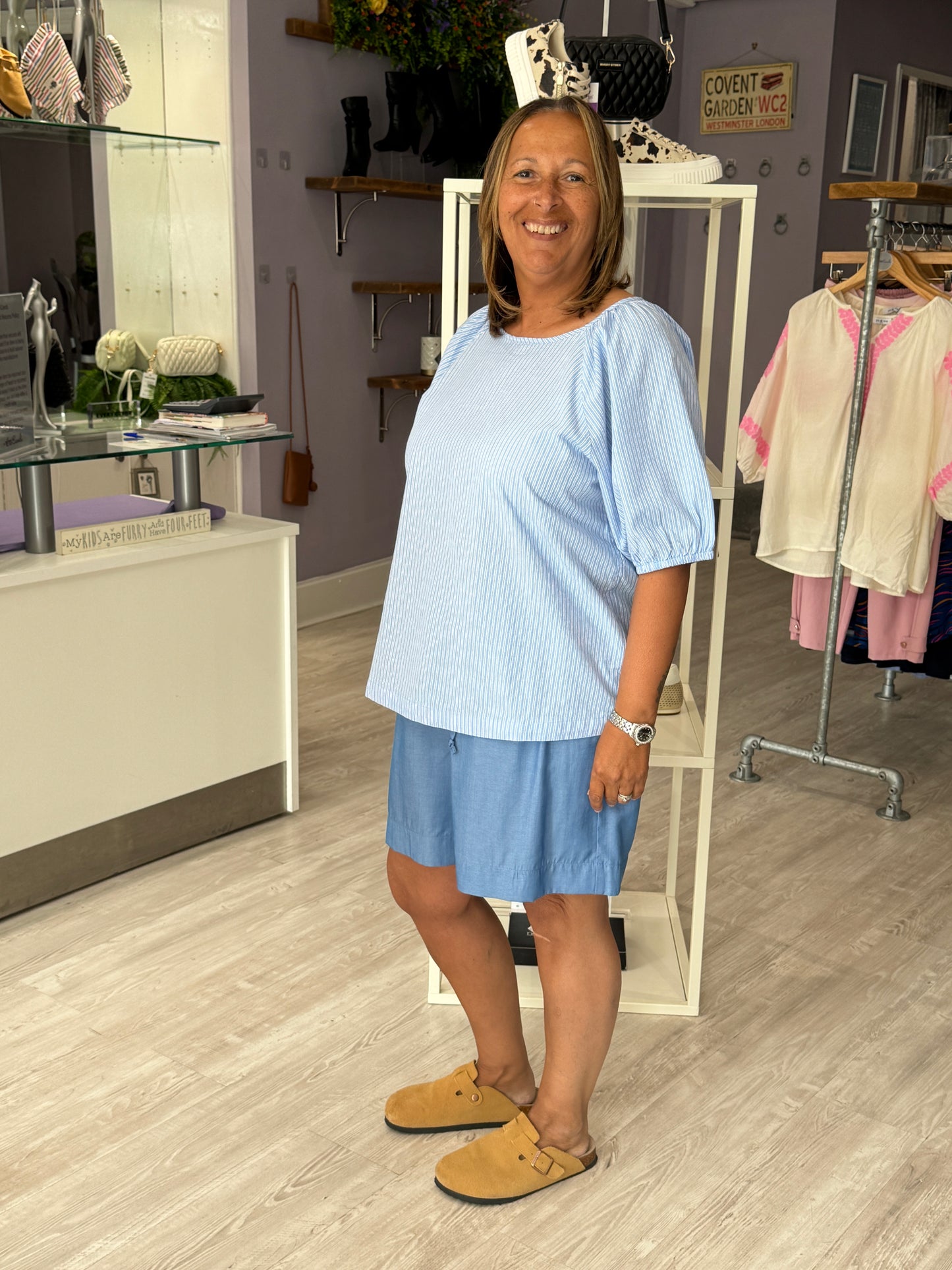 Saint Tropez Josefia Short Sleeve Blouse -  Airy Blue Ice Stripe