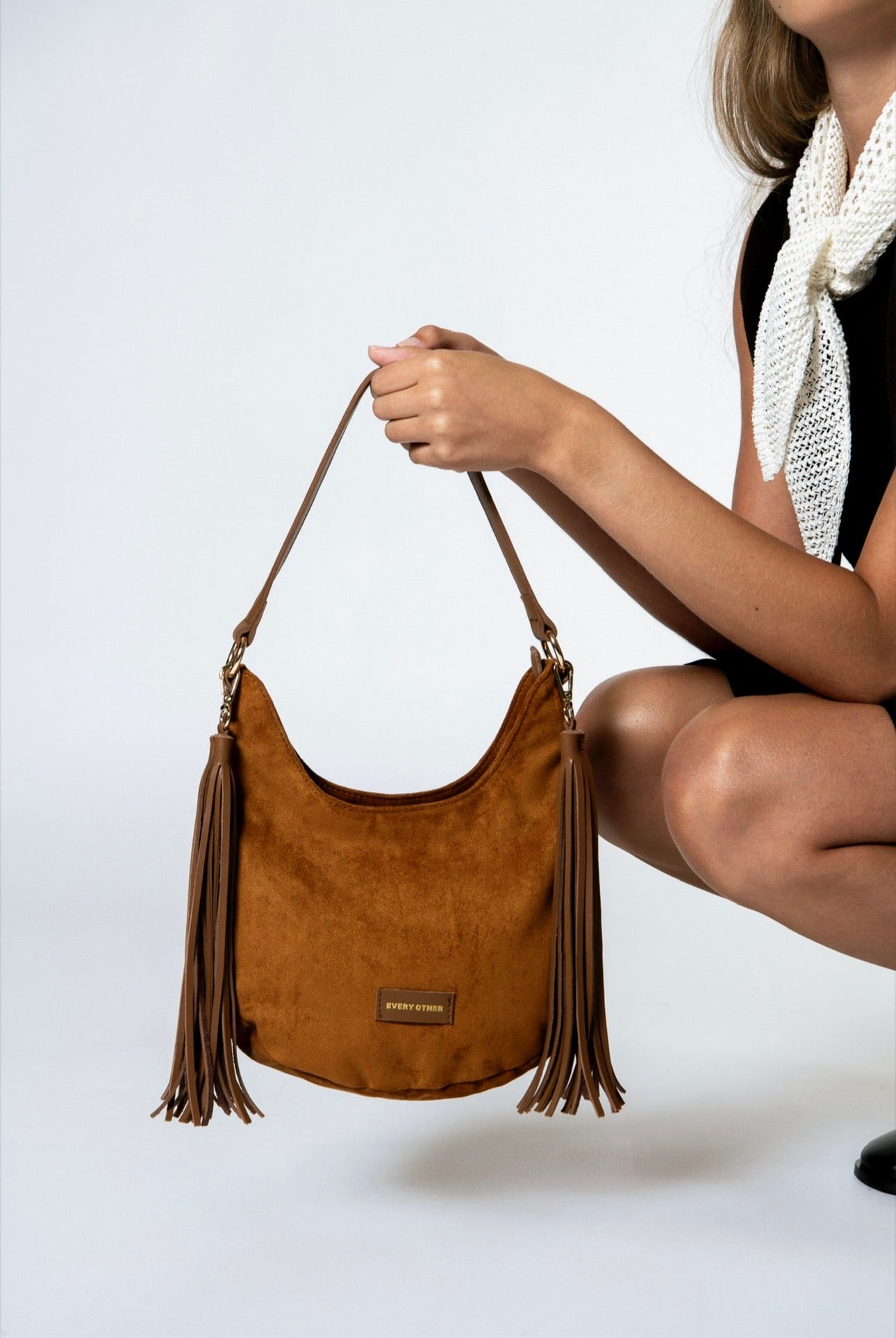 Every Other Medium Scoop Top Tassel Bag - Tan