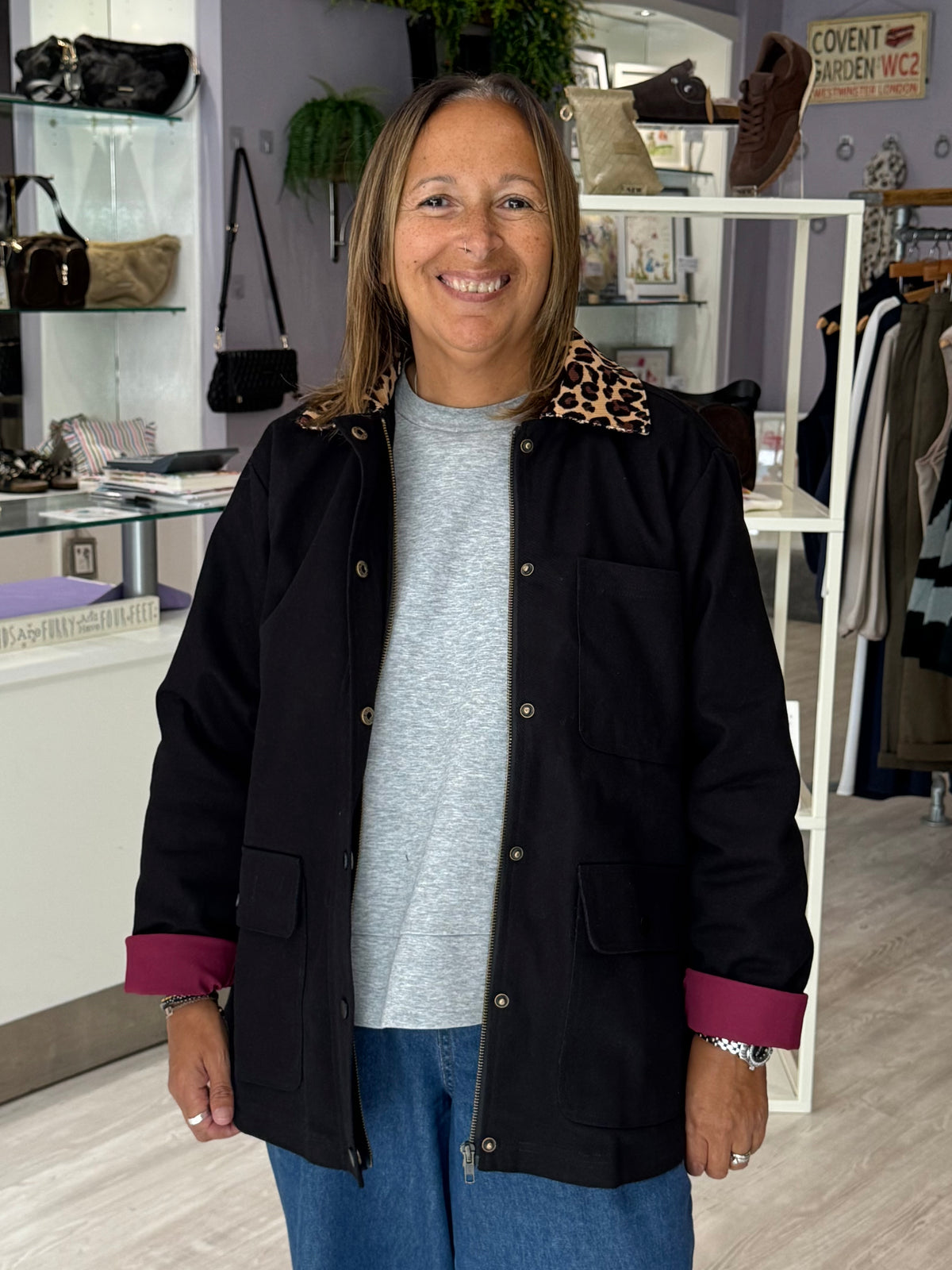 Sugarhill Brighton Raye Barn Jacket - Black/Leopard Collar