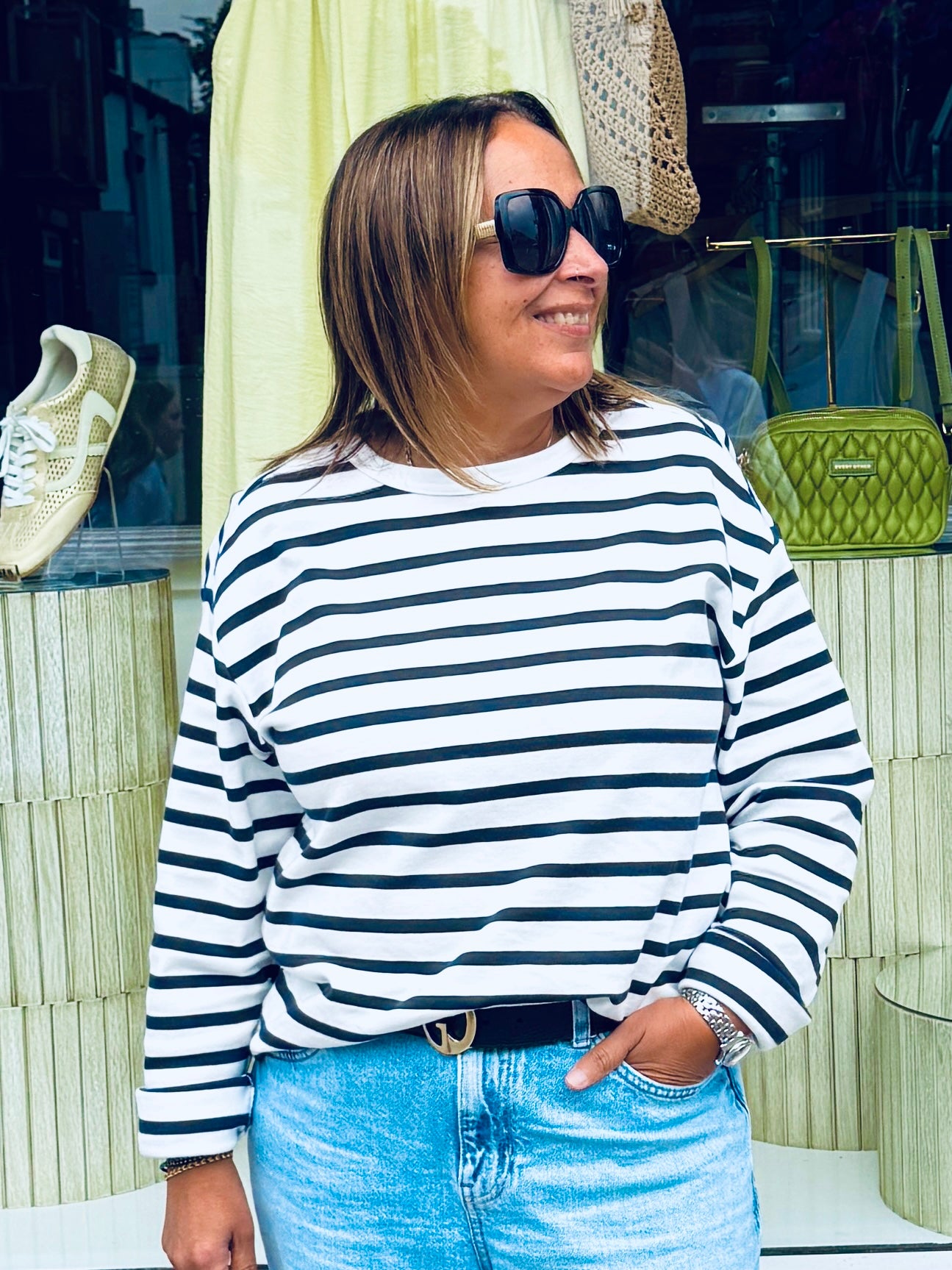 Fransa Bree T-Shirt - White with Blue Stripe
