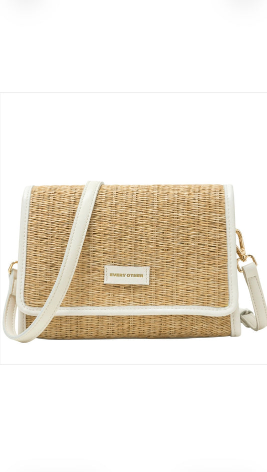 Every Other Straw Flap Over Cross Body Bag - White