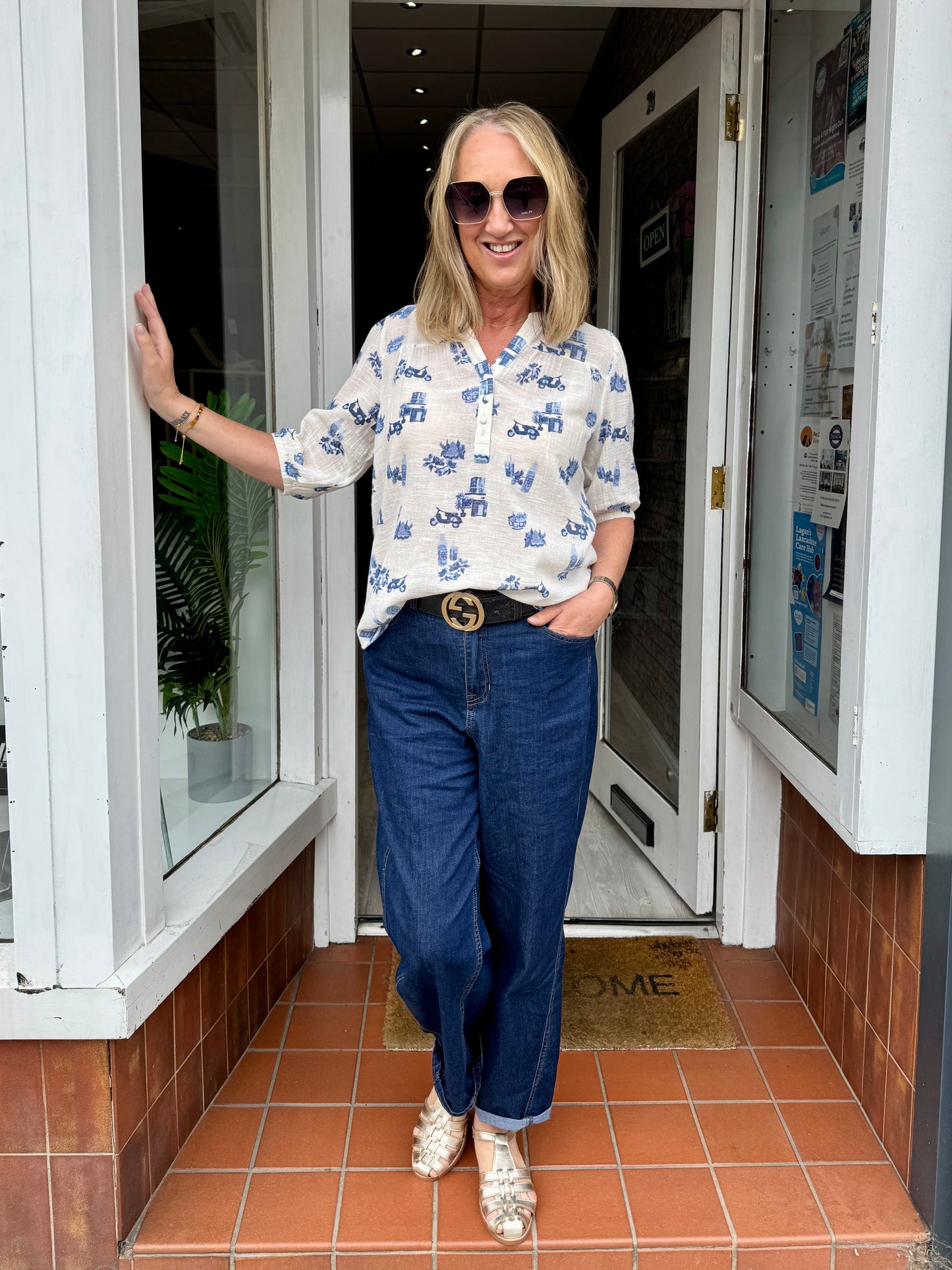 Fransa Bobbi Blouse 1 - White with Blue