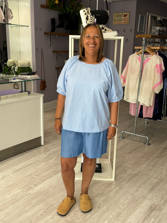 Saint Tropez Josefia Short Sleeve Blouse -  Airy Blue Ice Stripe