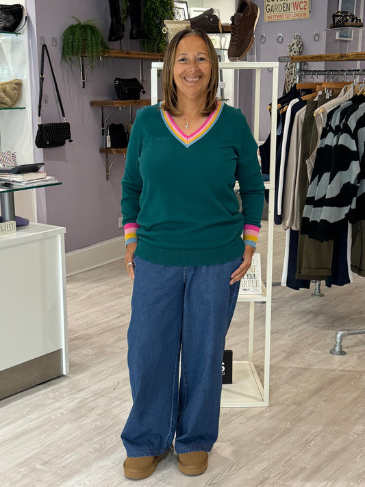 Sugarhill Brighton V-Neck Jumper - Teal Rainbow Stripe