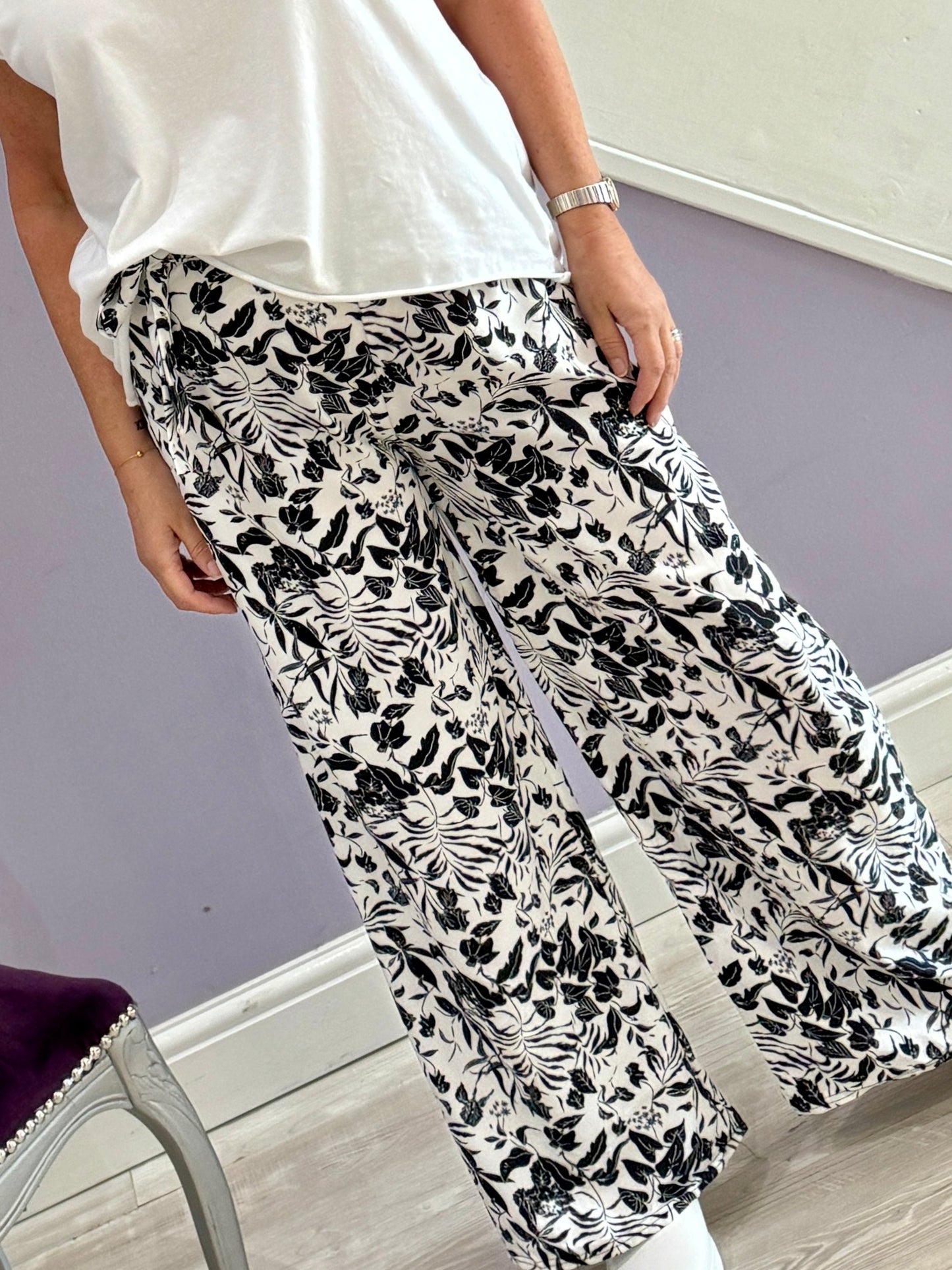 Wide Leg Tie Pants - White and Black