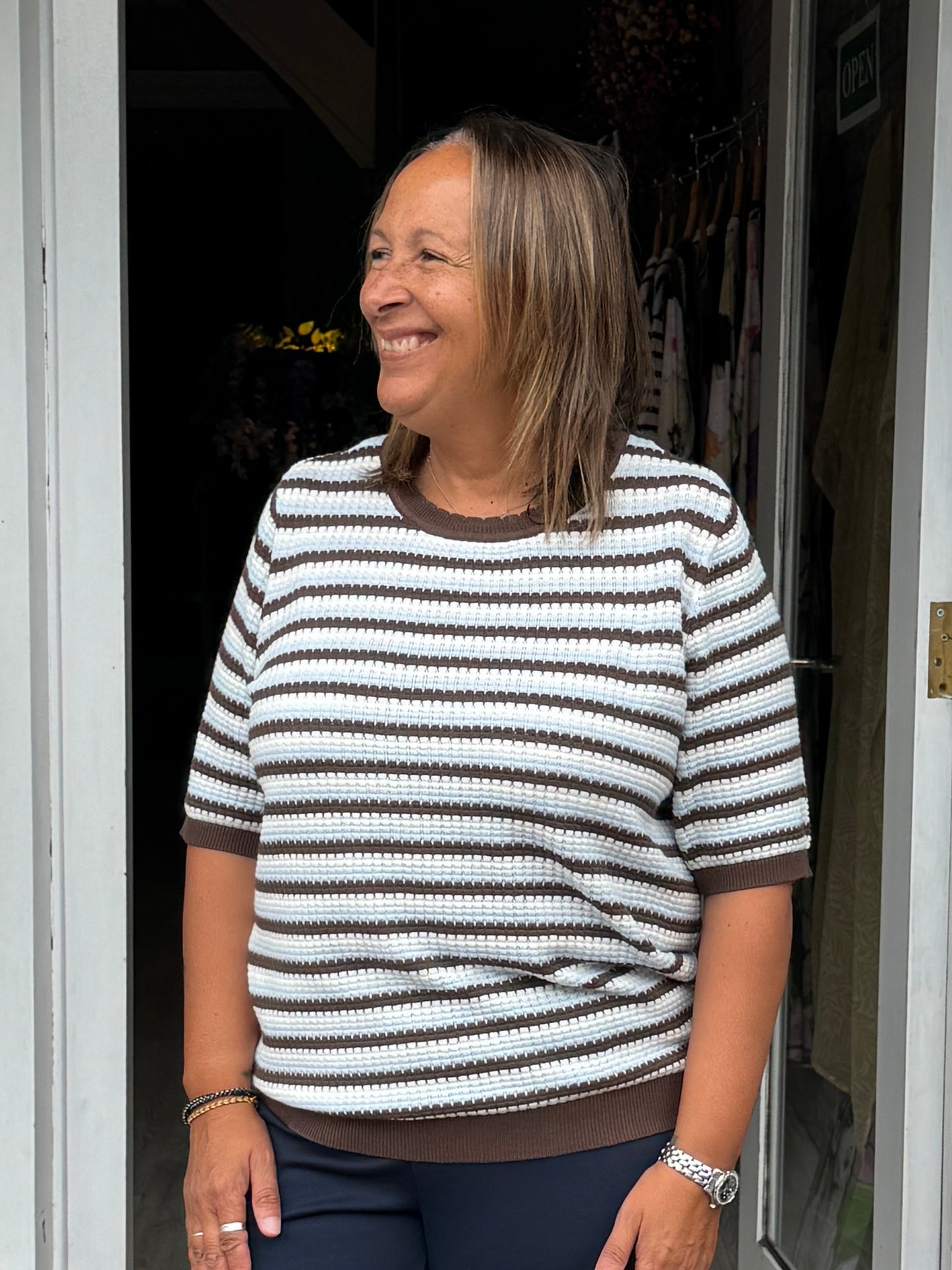Fransa Caia Jumper - Rain Drum Stripe/Brown