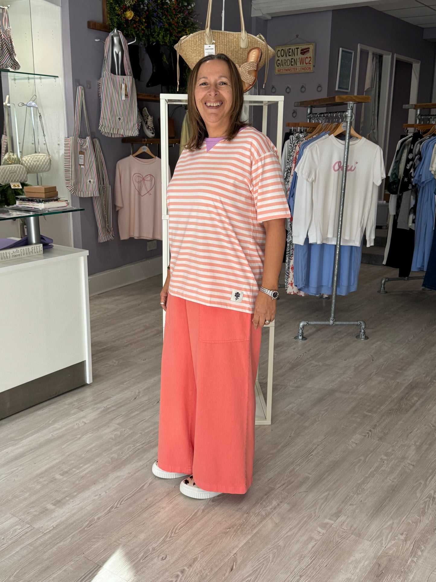 Sugarhill Brighton Riley Relaxed T-Shirt - Off White/Peach, Stripe
