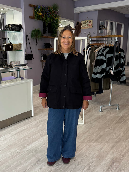 Sugarhill Brighton Raye Barn Jacket - Black/Leopard Collar