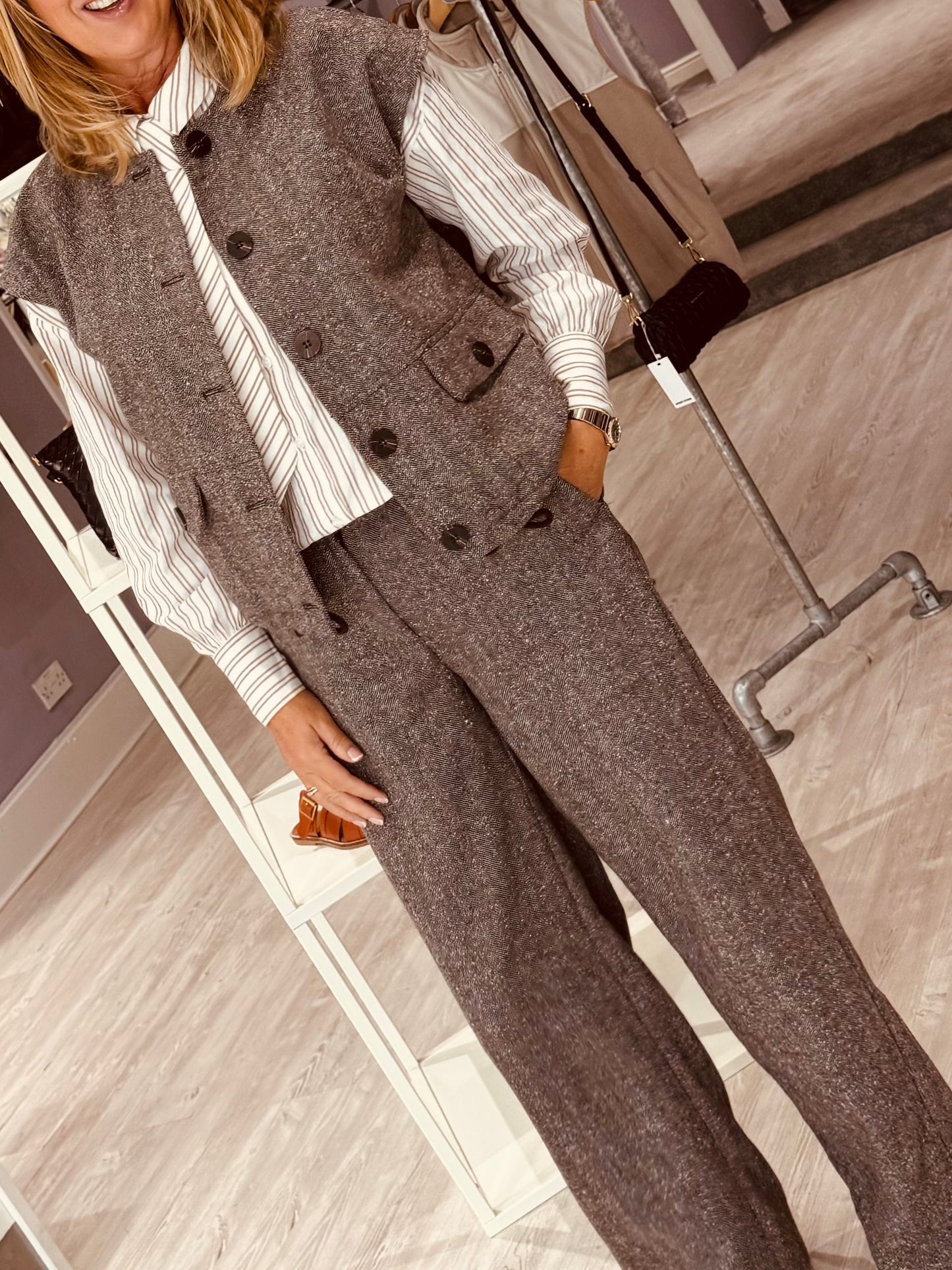 Fransa Vea Trousers - Hot Fudge Herringbone/Brown