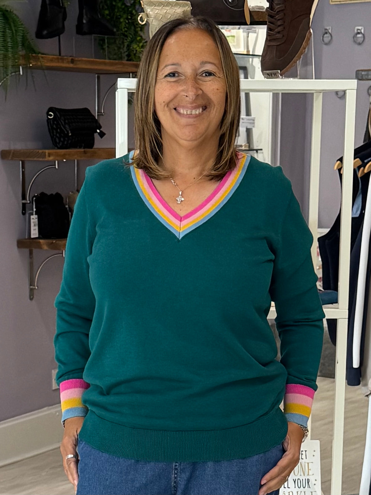 Sugarhill Brighton V-Neck Jumper - Teal Rainbow Stripe