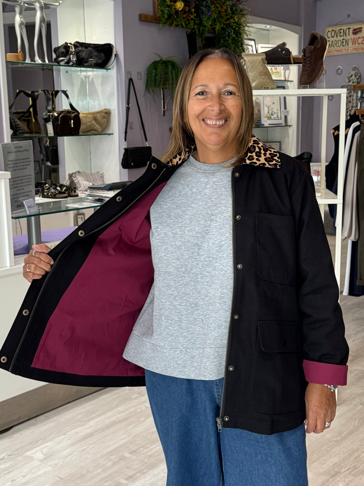 Sugarhill Brighton Raye Barn Jacket - Black/Leopard Collar