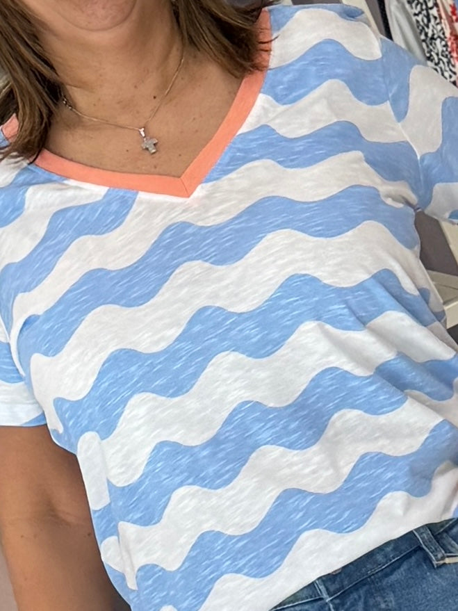Sugarhill Brighton Khloe V-Neck T-Shirt - Off White, Blue Sun Waves