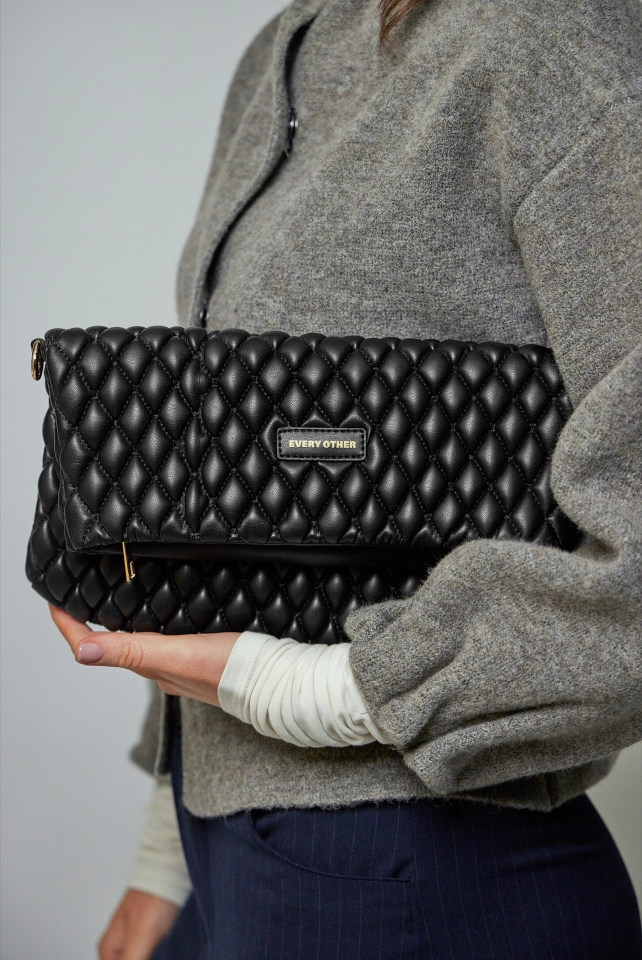 Every Other Quilted Flap Over Clutch Cross Body Bag - Black