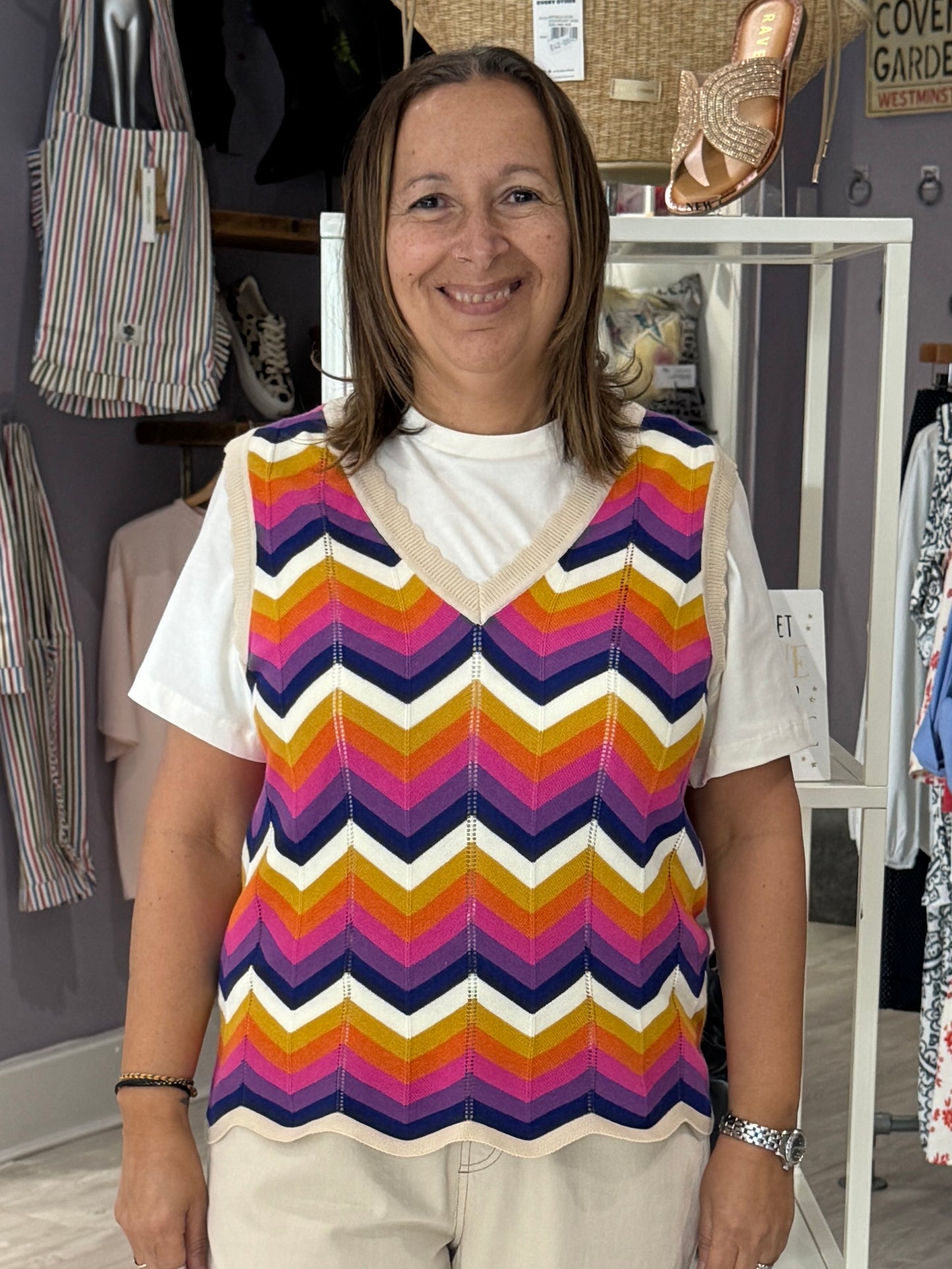 Sugarhill Brighton Rosy V-Neck Knit Vest - Multi Sunset Chevron