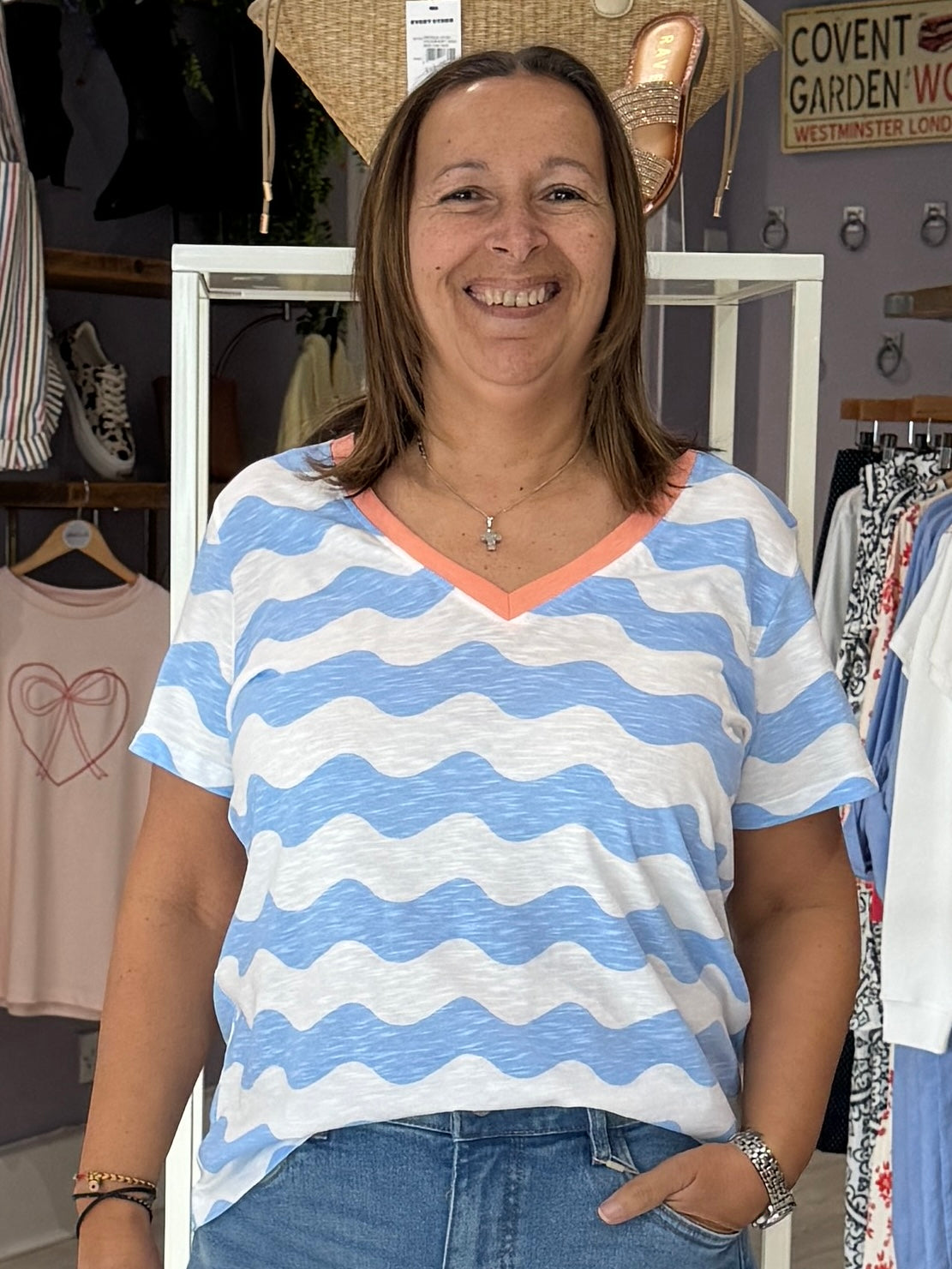Sugarhill Brighton Khloe V-Neck T-Shirt - Off White, Blue Sun Waves