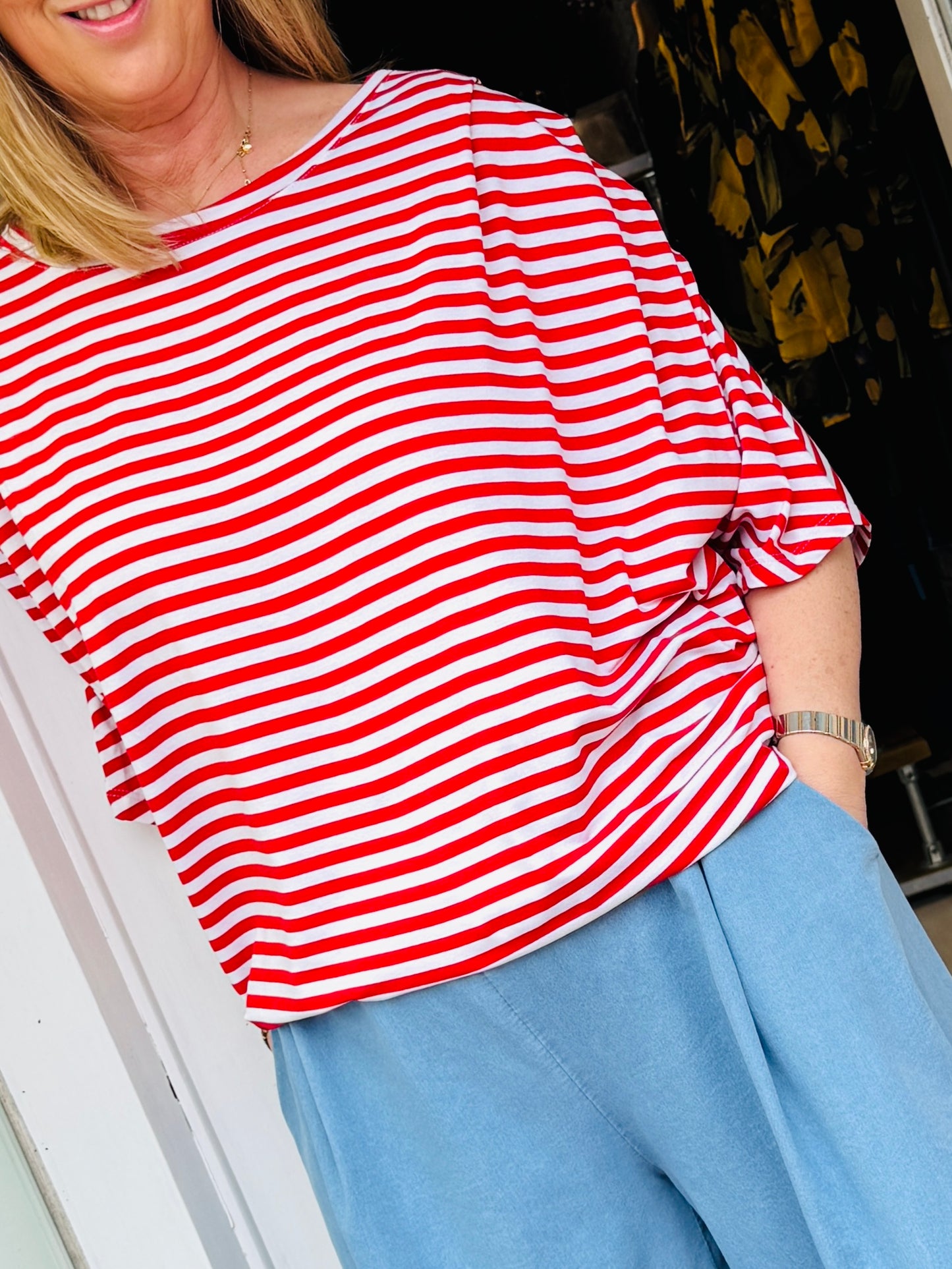 Daisy Striped Pleated Shoulder Top - Red/White