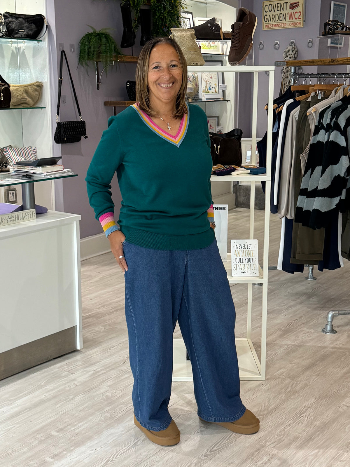 Sugarhill Brighton V-Neck Jumper - Teal Rainbow Stripe