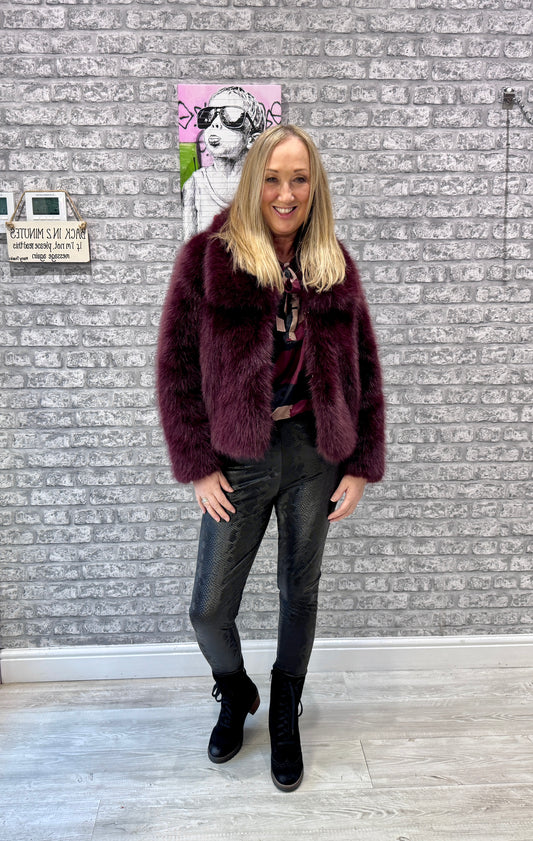 Coco Faux Fur Box Jacket - Burgandy Berry