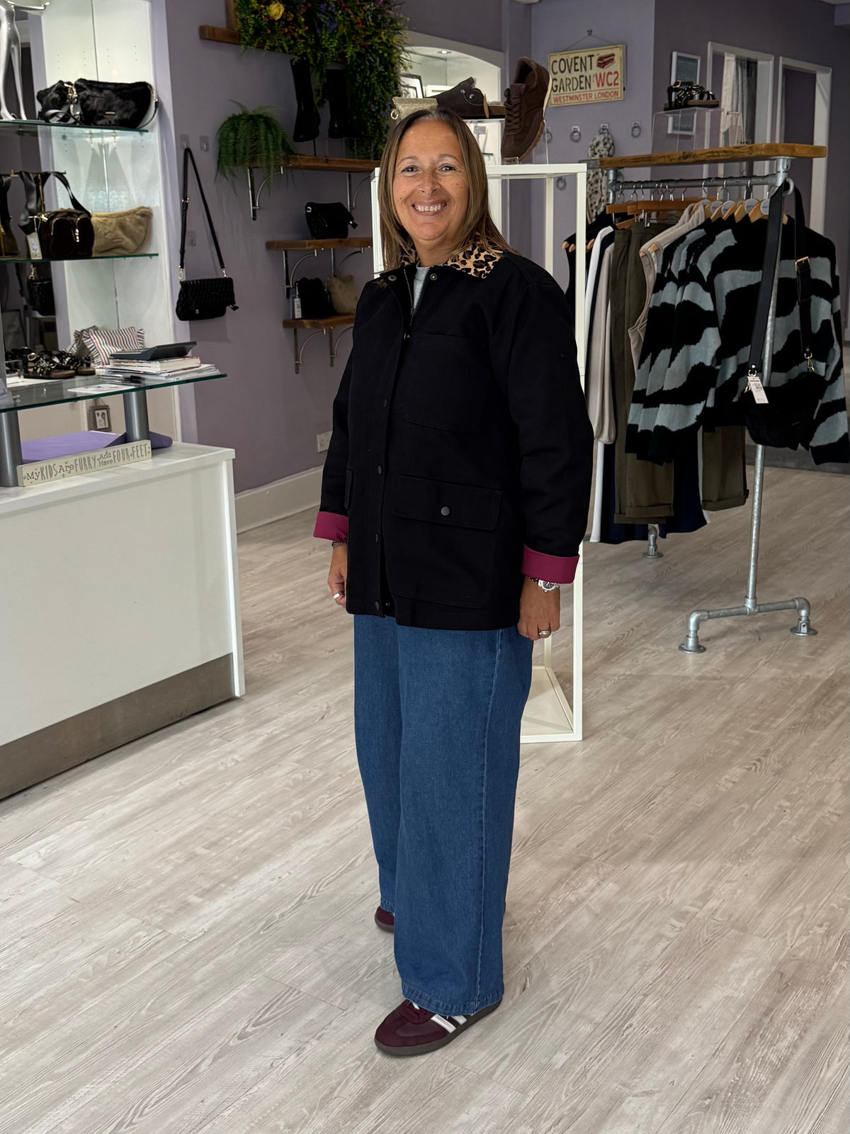 Sugarhill Brighton Raye Barn Jacket - Black/Leopard Collar