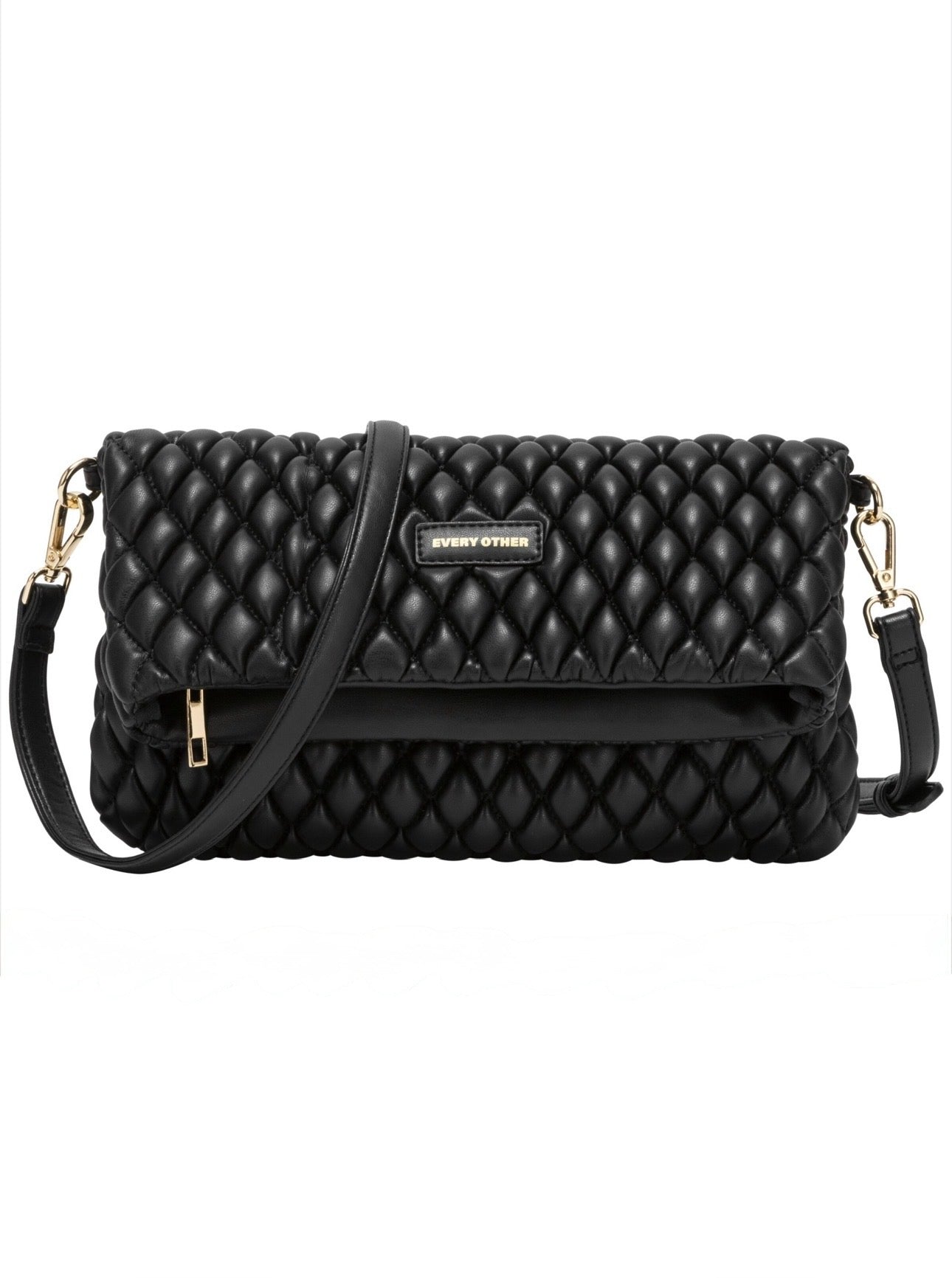 Every Other Quilted Flap Over Clutch Cross Body Bag - Black