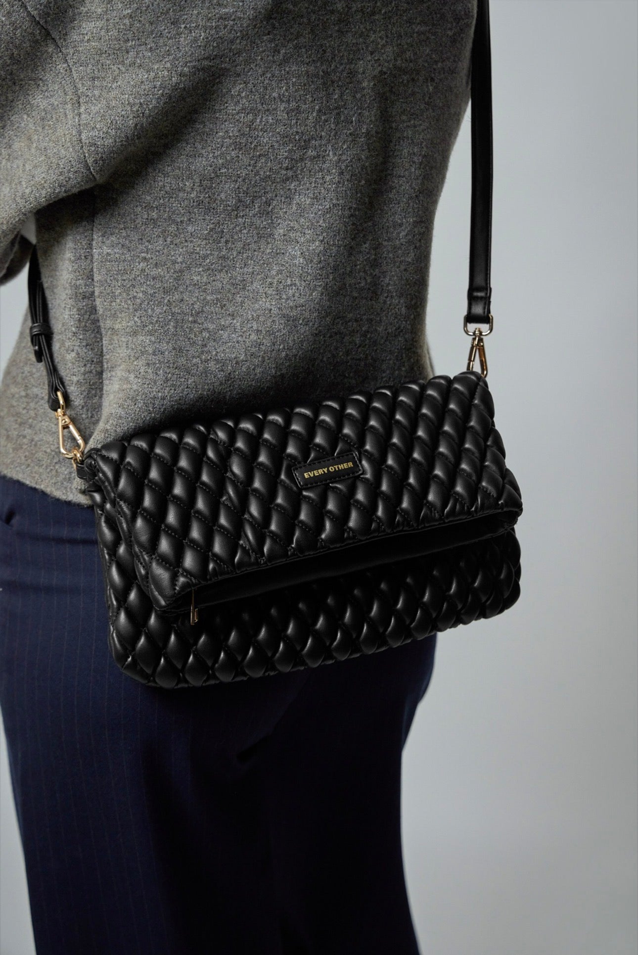 Every Other Quilted Flap Over Clutch Cross Body Bag - Black