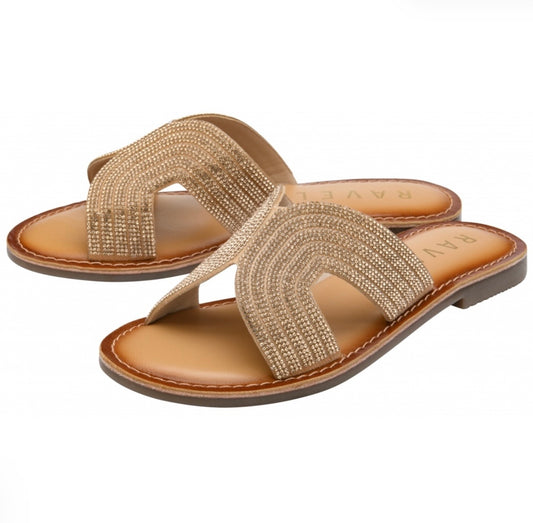 Ravel Rose Gold & Diamante Leather Wiske Flat Mule Sandals
